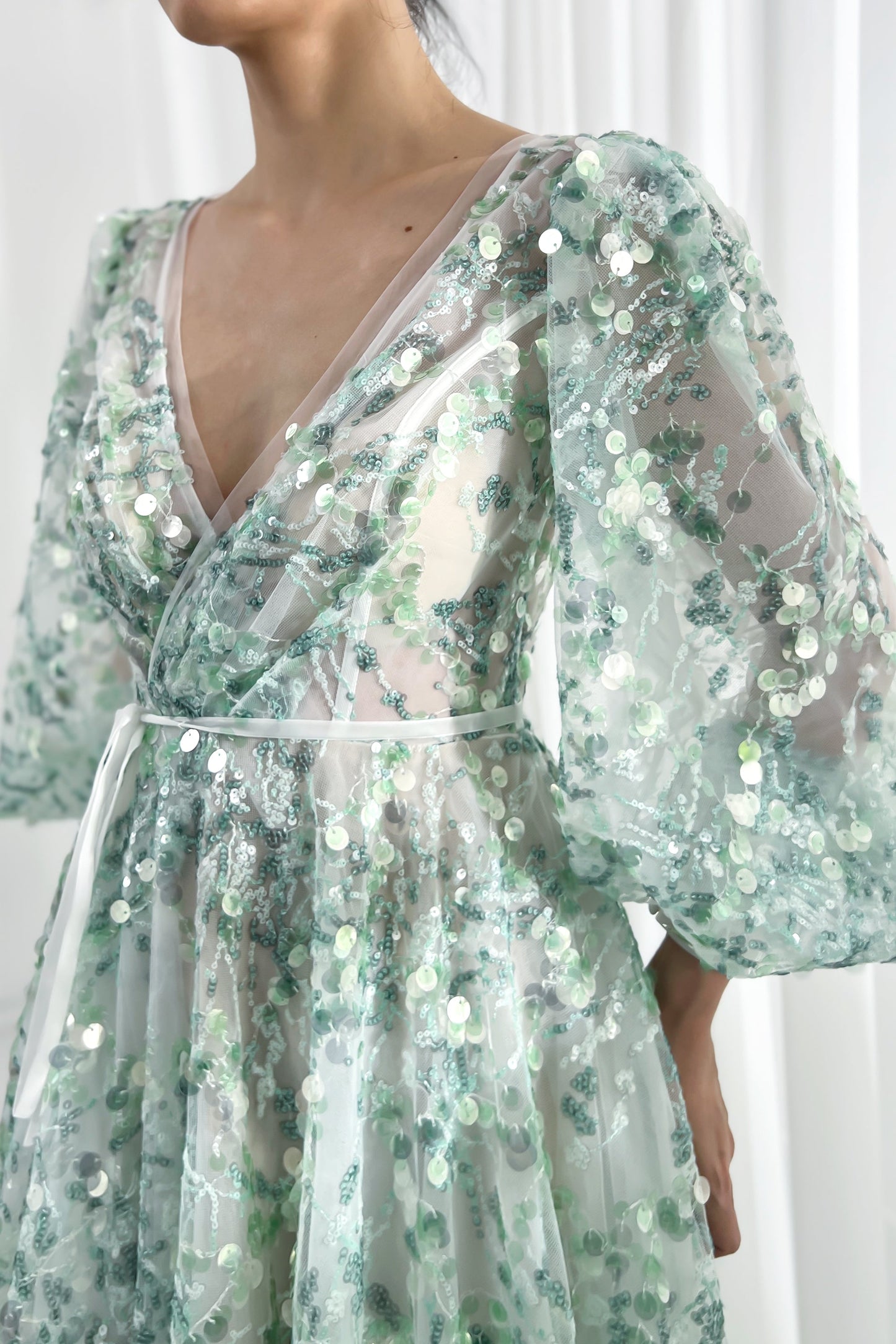 Puff Sleeves V Neck Aqua Sequin Dress with Side Slit