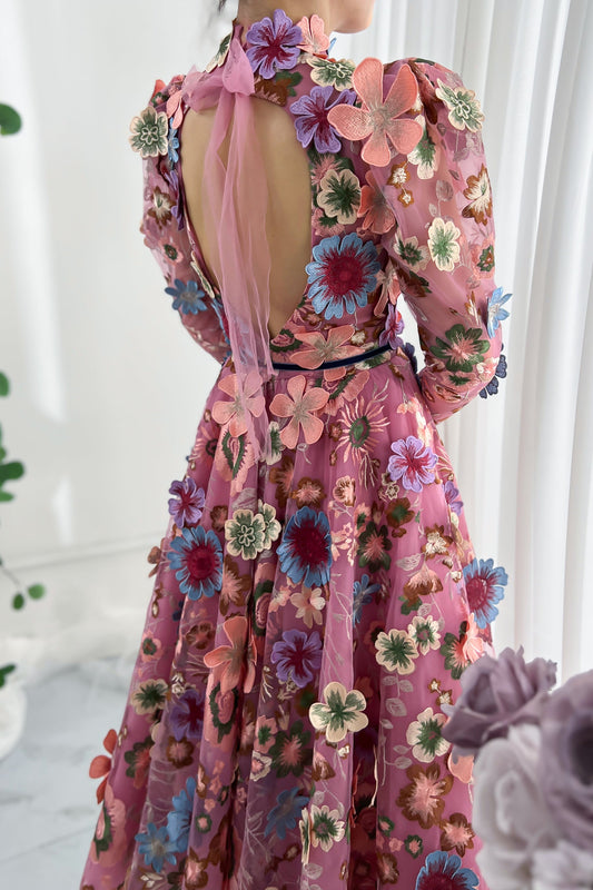MissJophiel Leg-of-mutton Sleeves Emboridery Floral Dress with Open Back