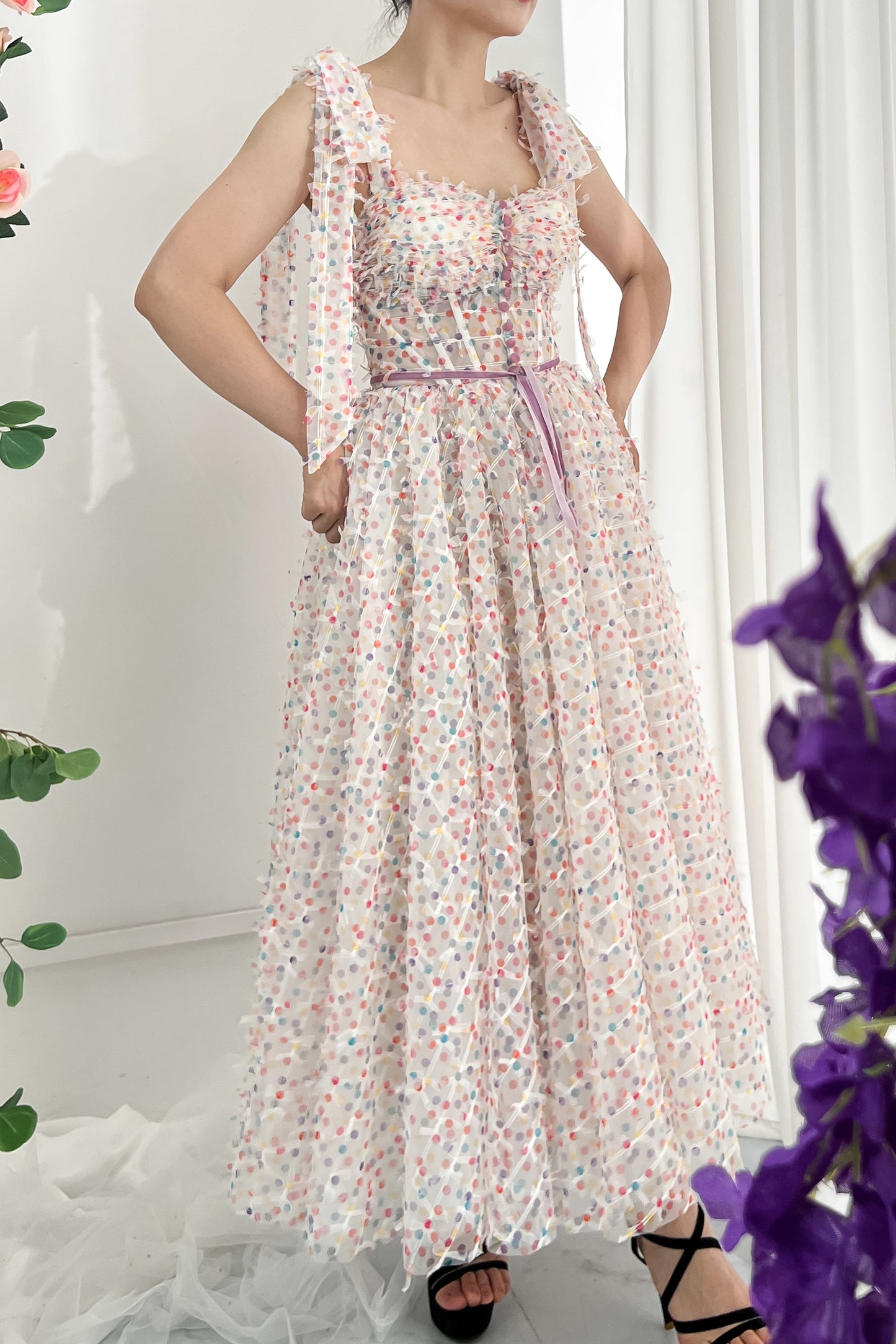Retro Colorful Polka Dots Dress with Removable Puff Sleeves, Tie Straps