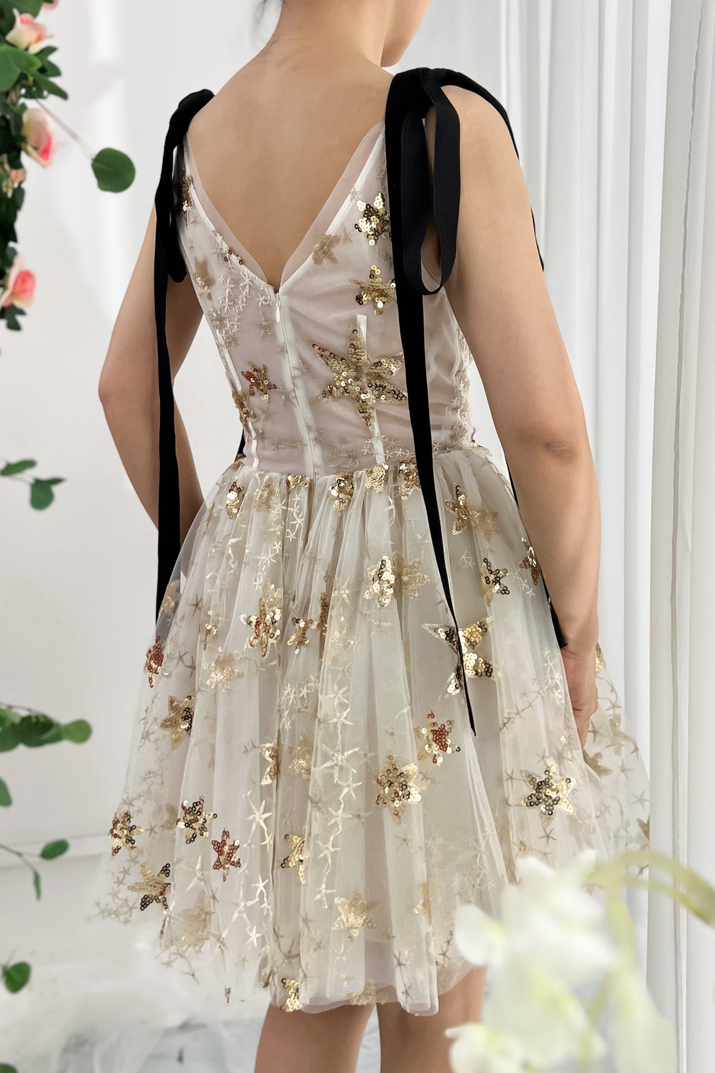MissJophiel V Neck Gold Star Sequin Dress with Tie Straps