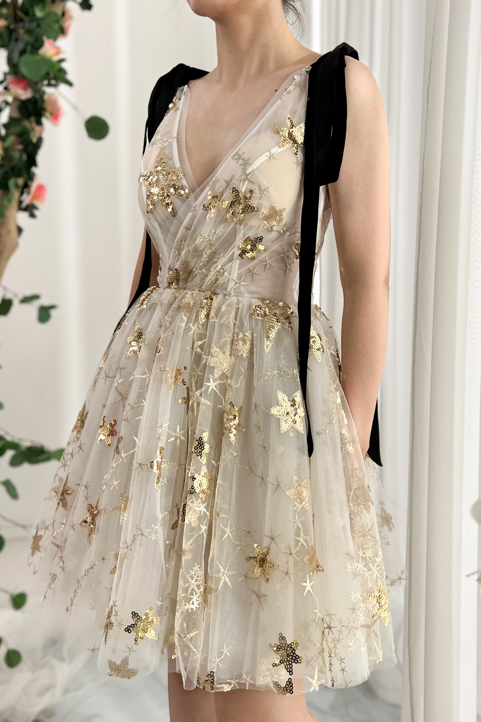 Corset Top Star Sequin Dress with Tie Straps