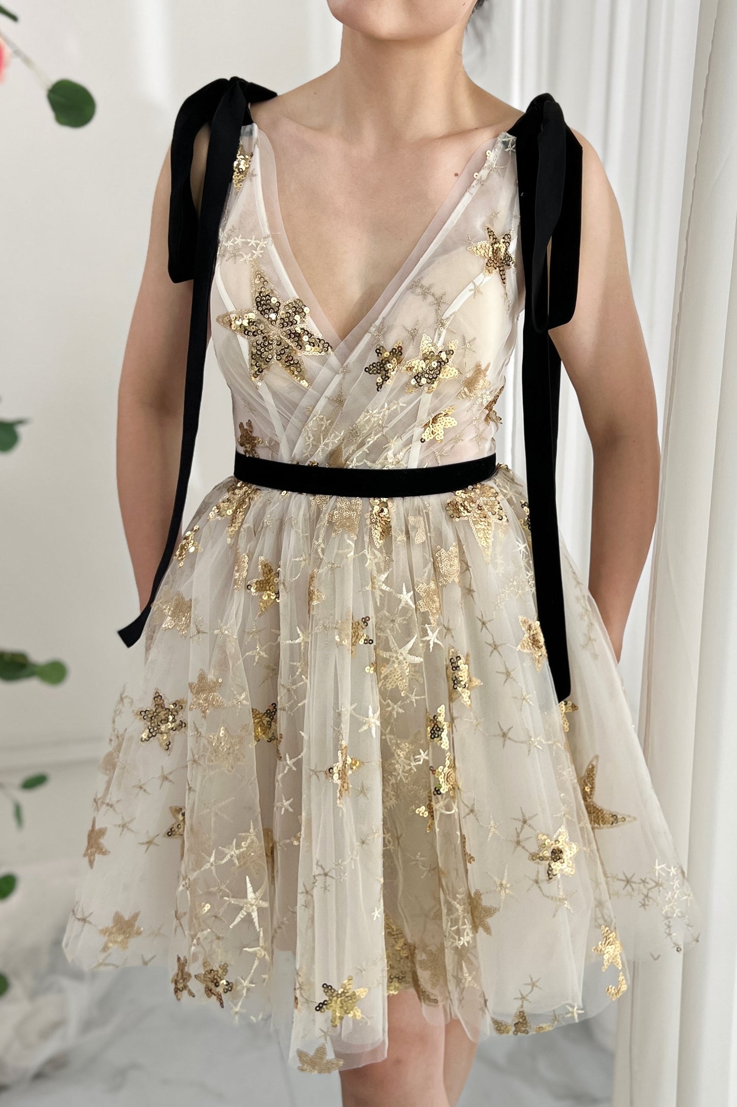 MissJophiel V Neck Gold Star Sequin Dress with Tie Straps Gold/Ivory / Floor Length / US14 MissJophiel V Neck Gold Star Sequin Dress with Tie Straps Gold/Ivory / Floor Length / US14