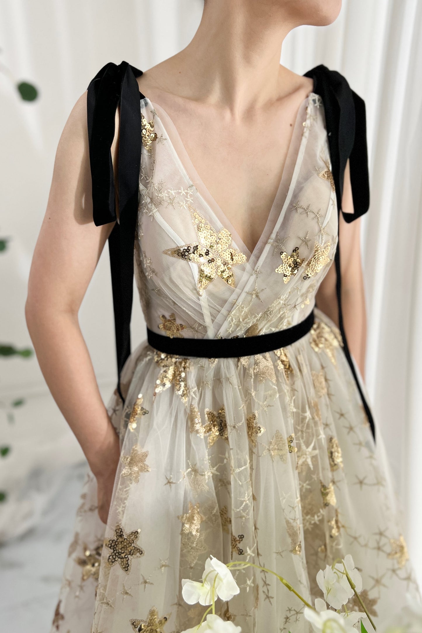 MissJophiel V Neck Gold Star Sequin Dress with Tie Straps Gold/Ivory / Floor Length / US14 MissJophiel V Neck Gold Star Sequin Dress with Tie Straps Gold/Ivory / Floor Length / US14