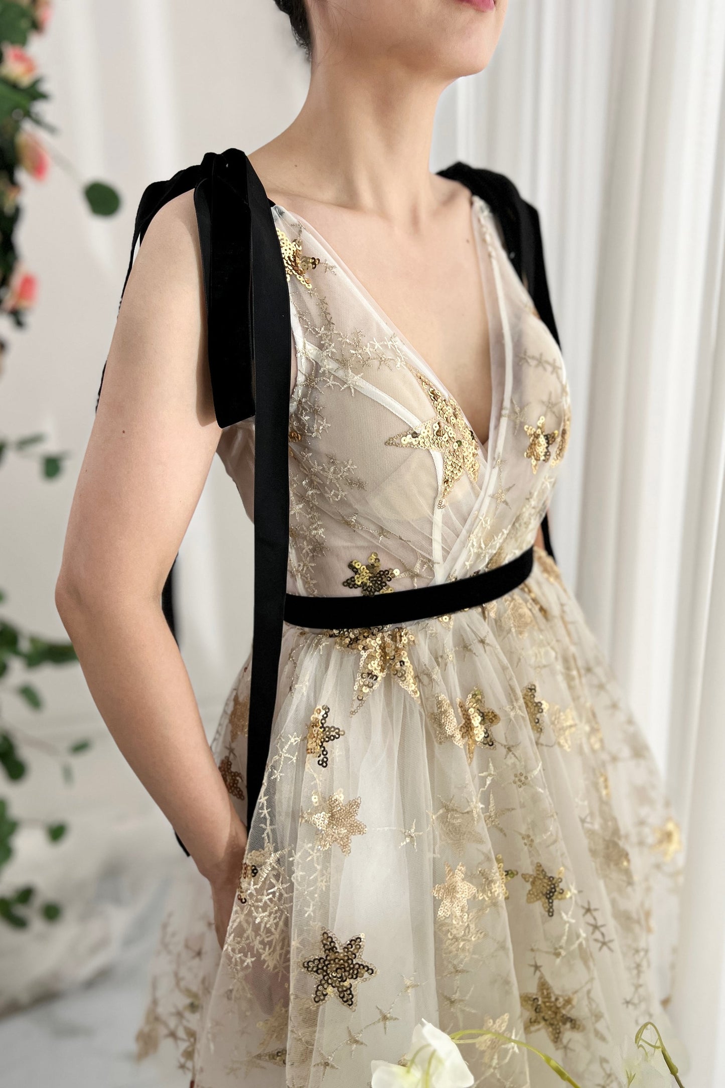 V Neck Gold Star Sequin Dress with Tie Straps