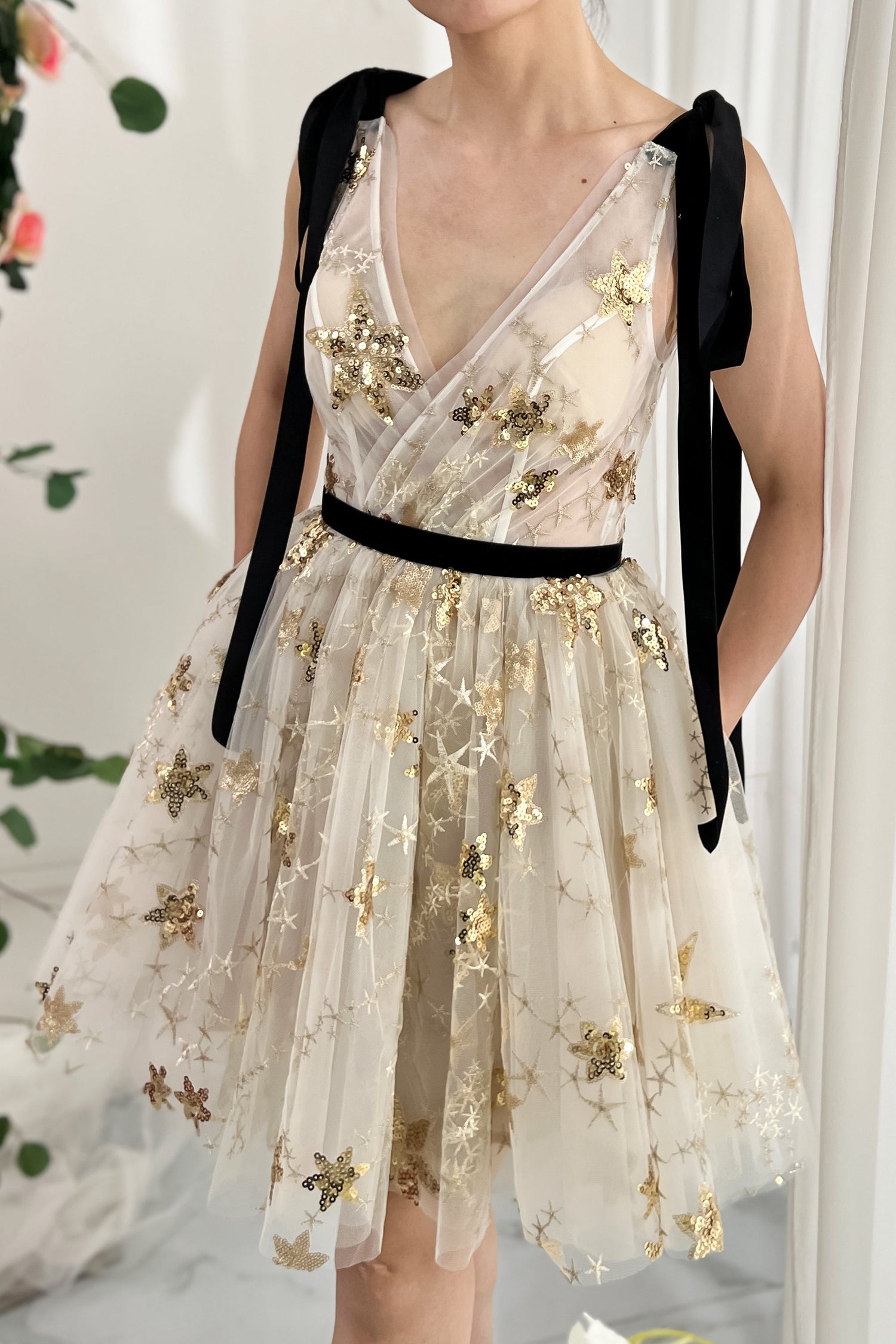 MissJophiel V Neck Gold Star Sequin Dress with Tie Straps