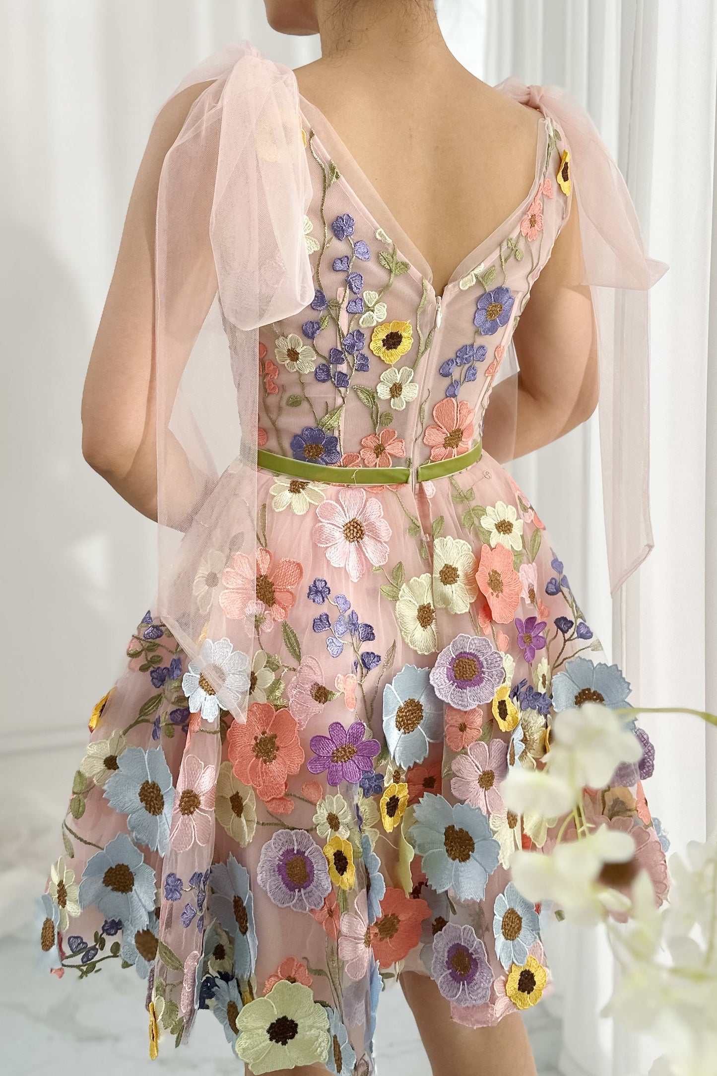 MissJophiel V Neck Embroidery Mini Dress with Tie Straps
