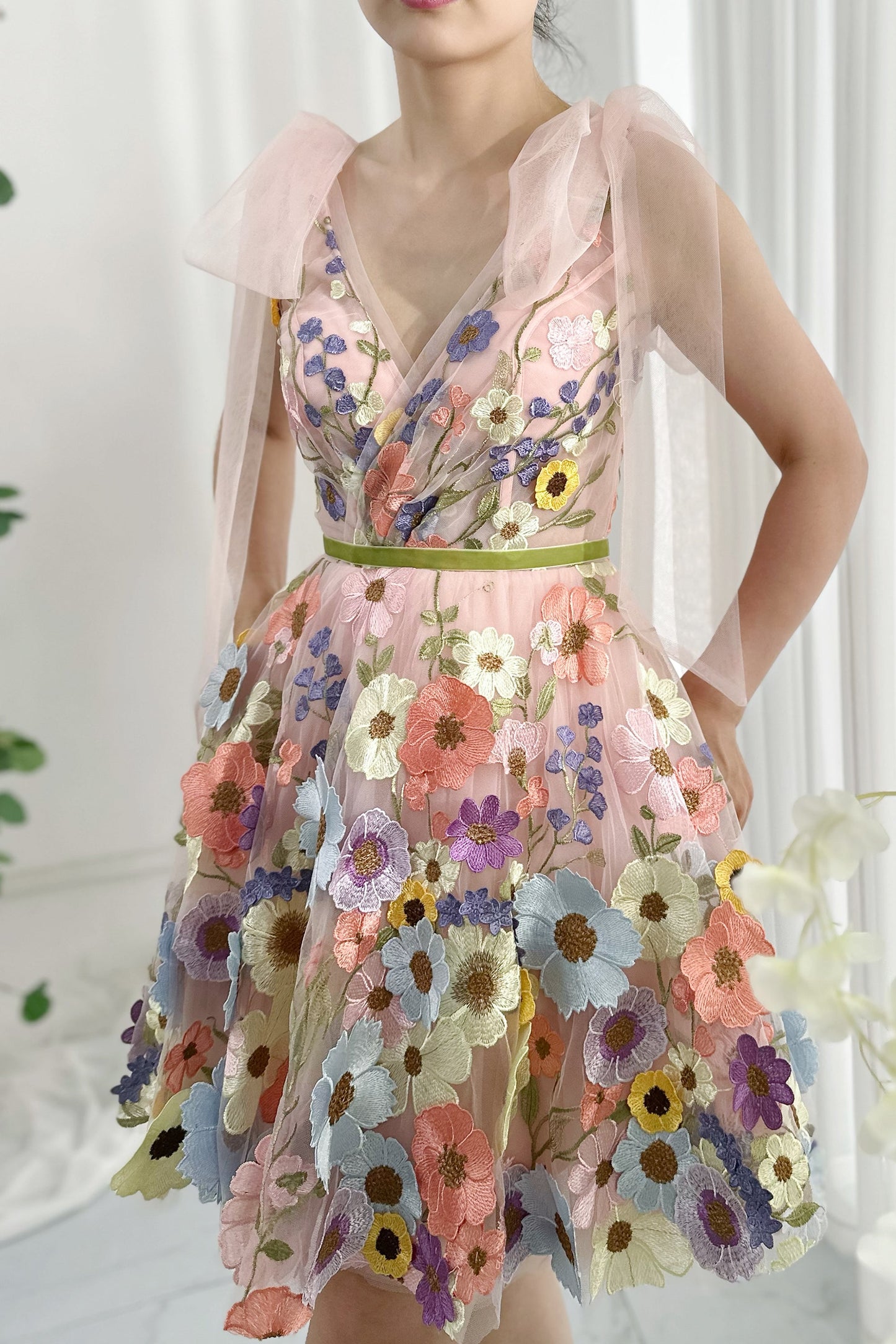 MissJophiel V Neck Embroidery Mini Dress with Tie Straps