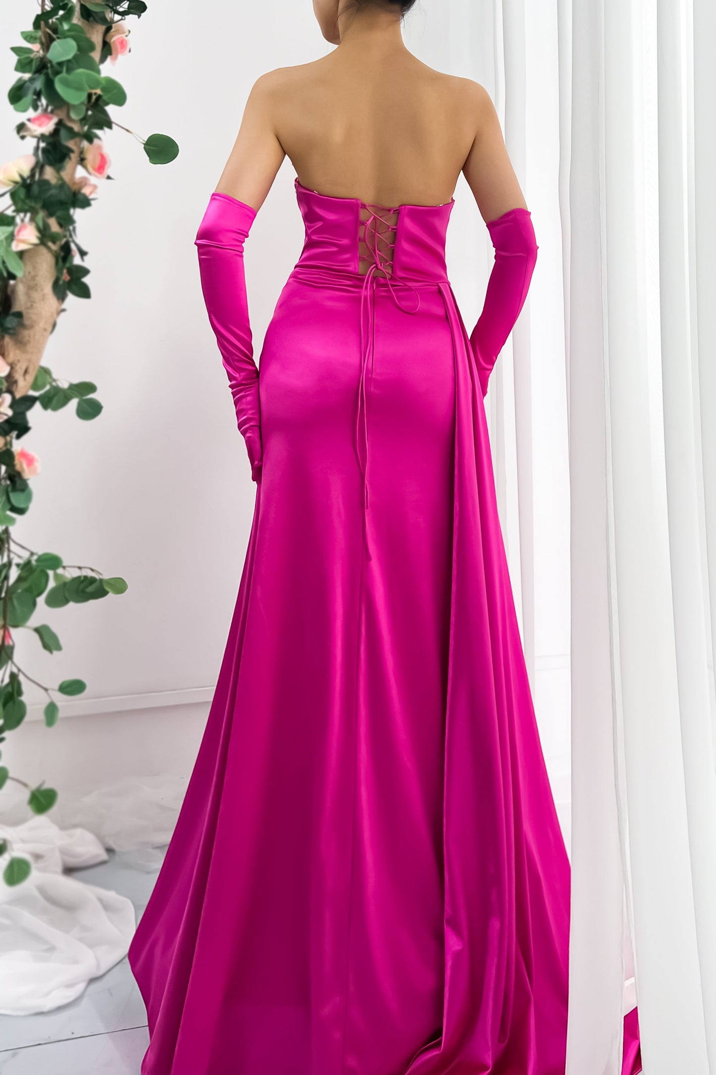 Mermaid Strapless Jersey Pink Dress with Gloves