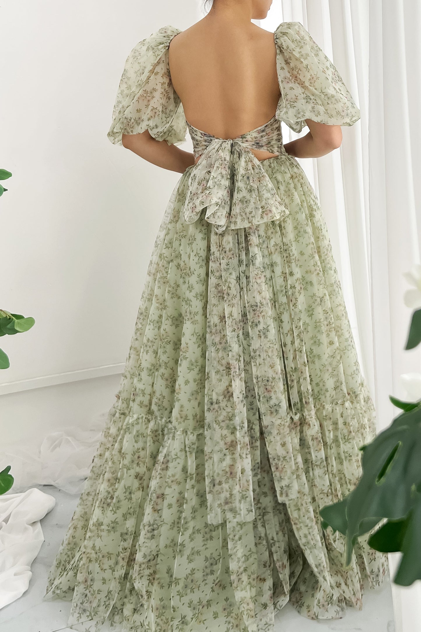 MissJophiel Corset Tie Back Floral Print Tulle Prom Dress with Removable Puff Sleeves