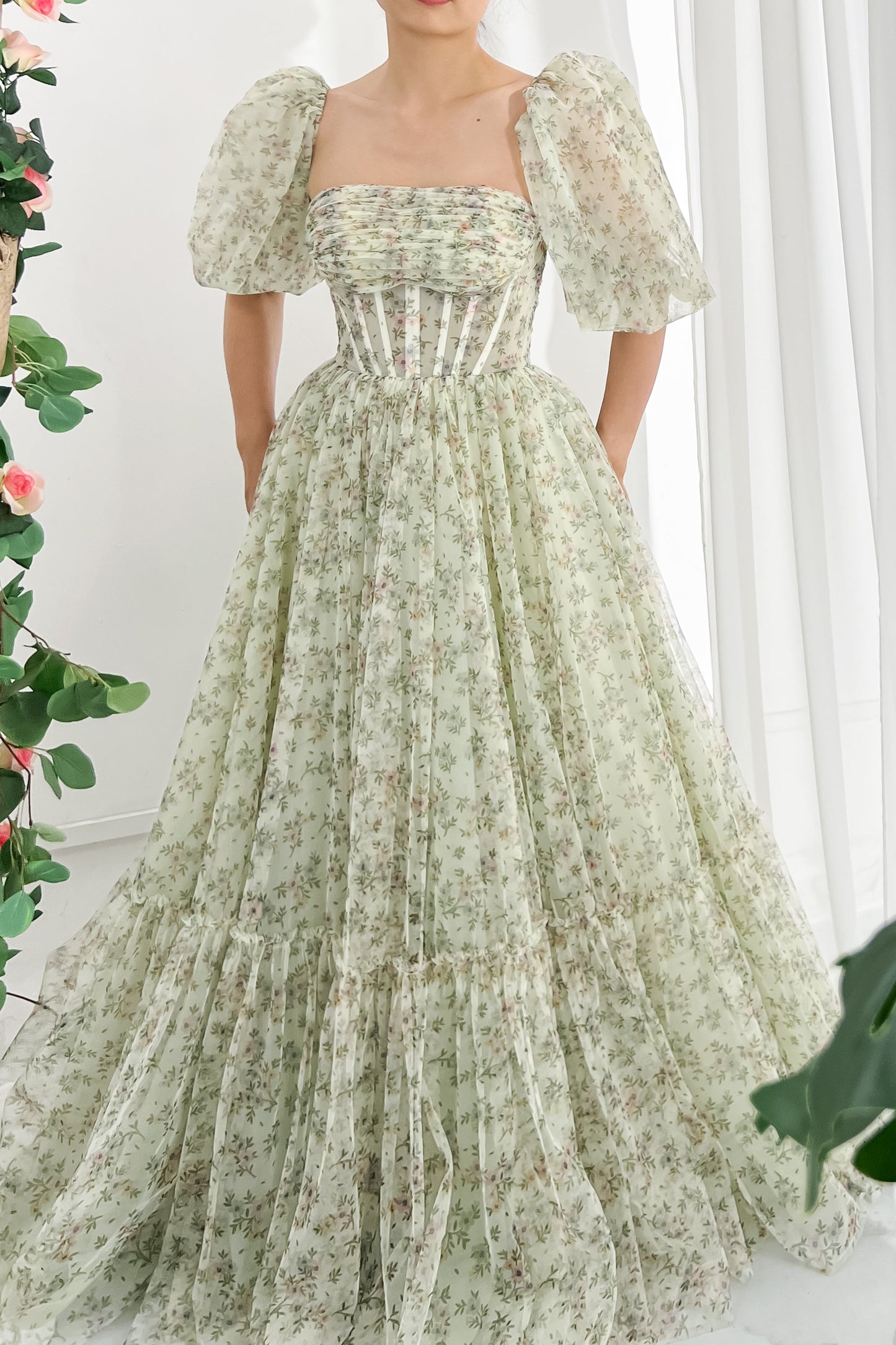 Corset Tie Back Floral Print Tulle Prom Dress with Removable Puff Sleeves