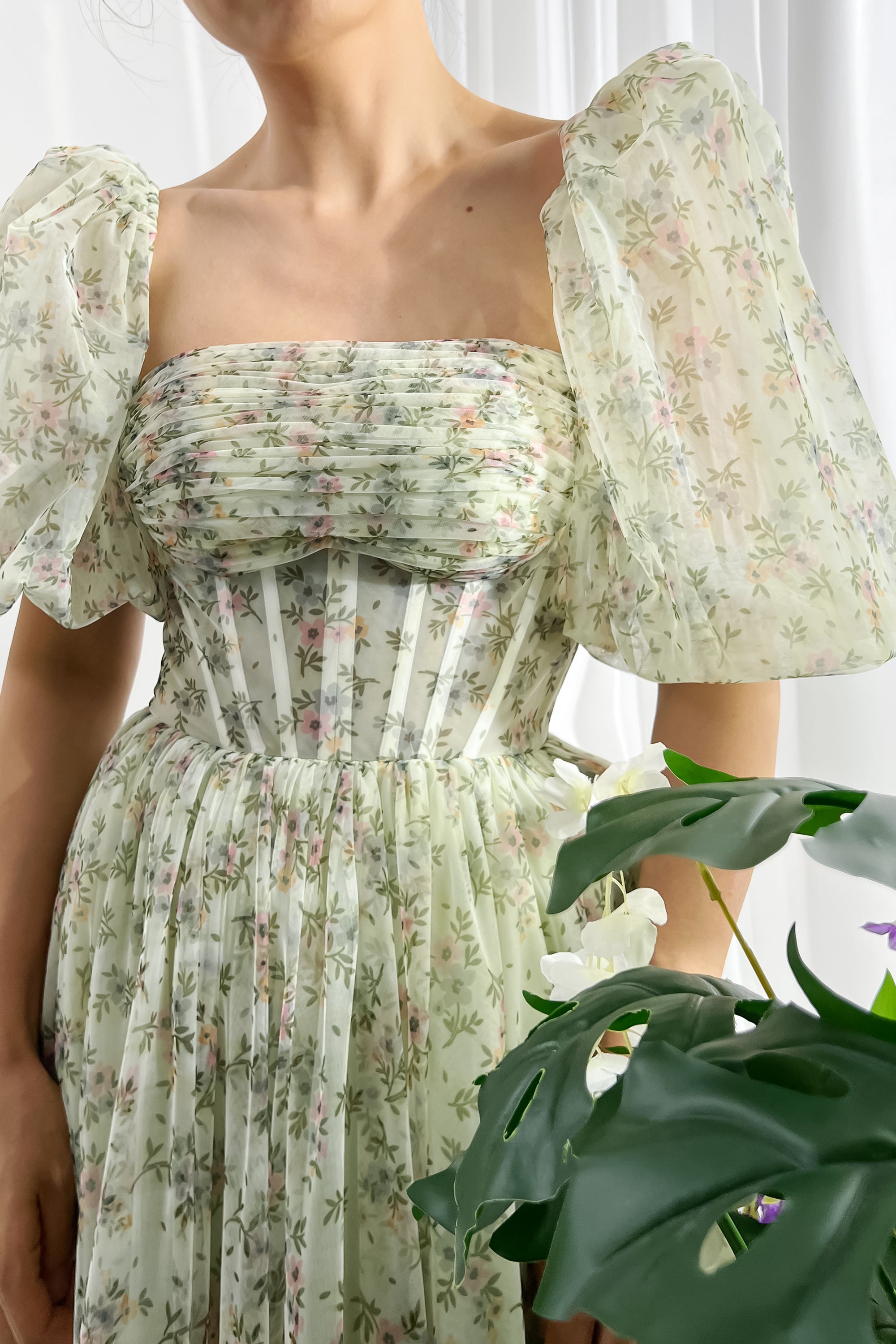 MissJophiel Corset Tie Back Floral Print Tulle Prom Dress with