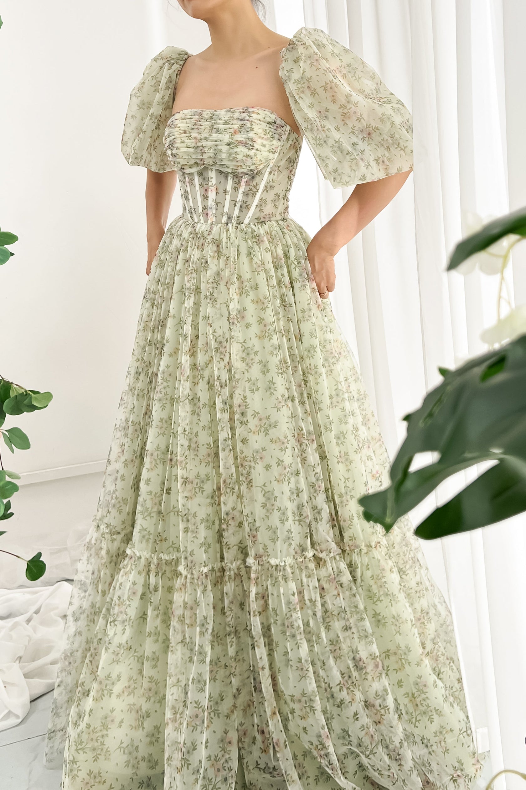 Pink Tiered Tulle Prom Dress with Floral Embroidered Sheer Corset