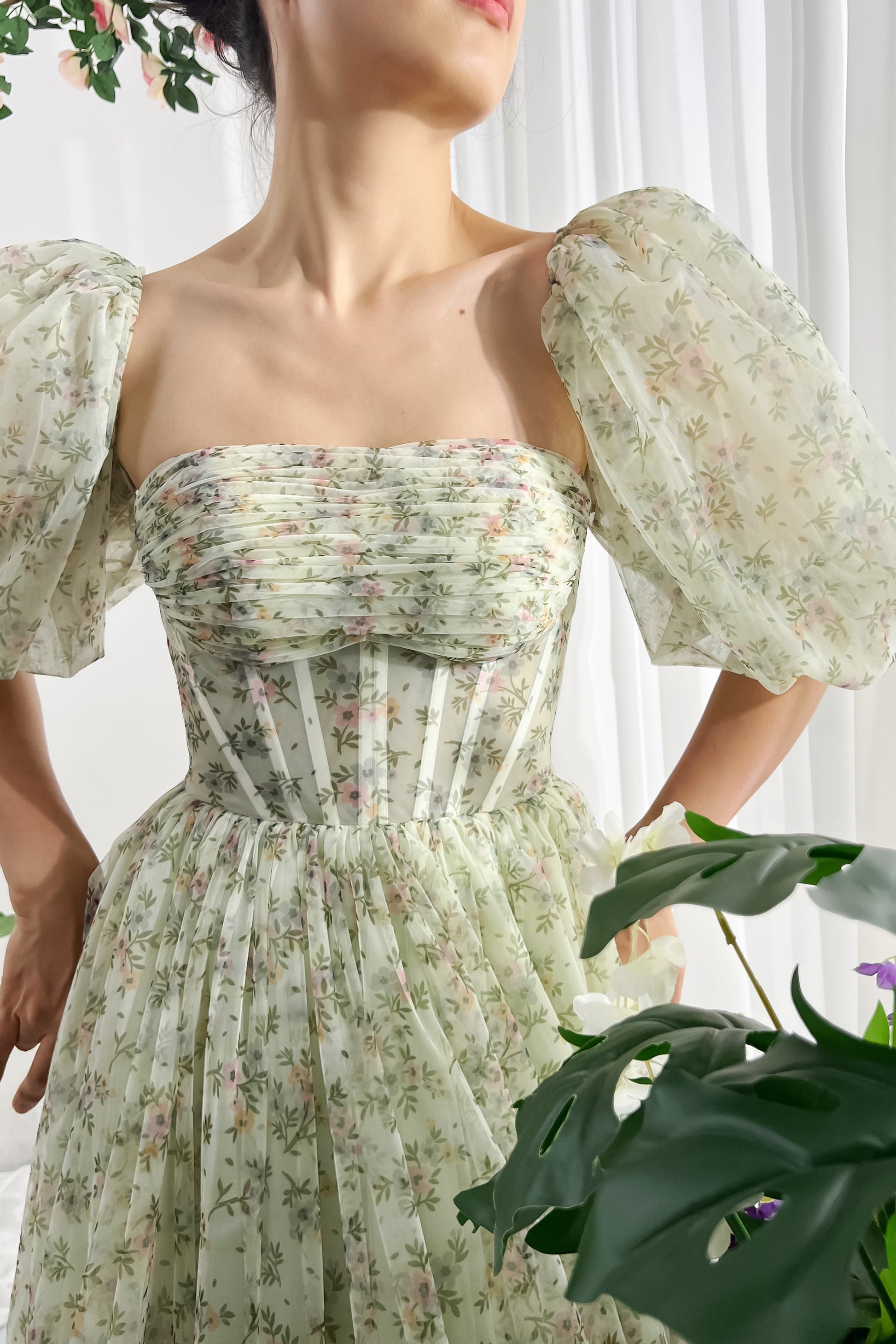 MissJophiel Corset Tie Back Floral Print Tulle Prom Dress with Removable Puff Sleeves Other / Tea Length / US14 MissJophiel Corset Tie Back Floral Print Tulle Prom Dress with Removable Puff Sleeves Other / Tea Length / US14