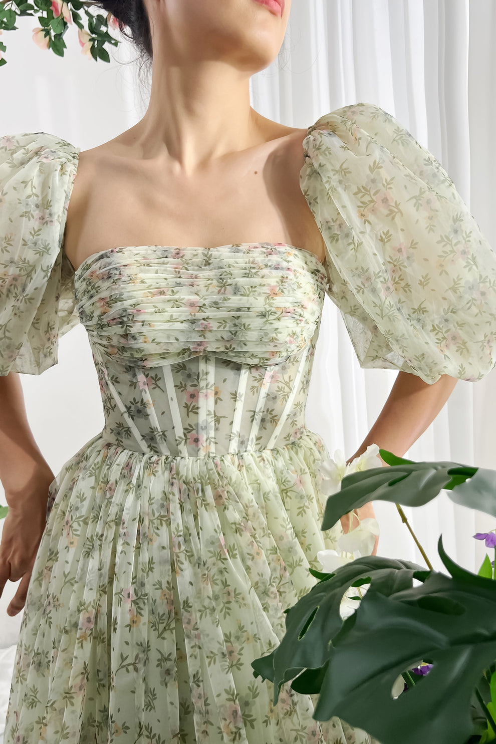 MissJophiel Corset Tie Back Floral Print Tulle Prom Dress with