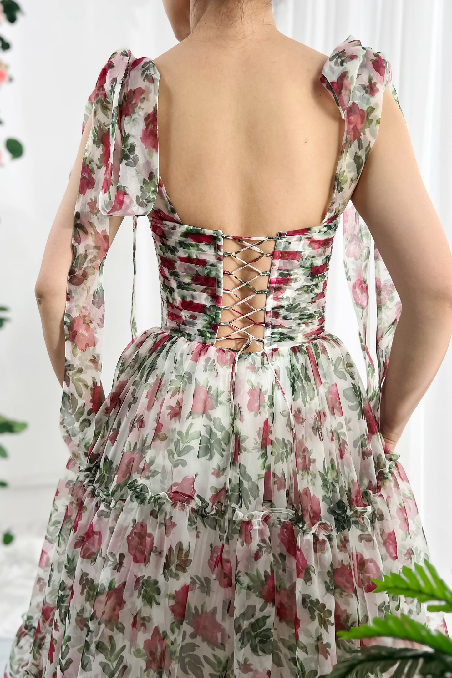 MissJophiel Strapless Rose Print Organza Dress with Removable Tie Straps