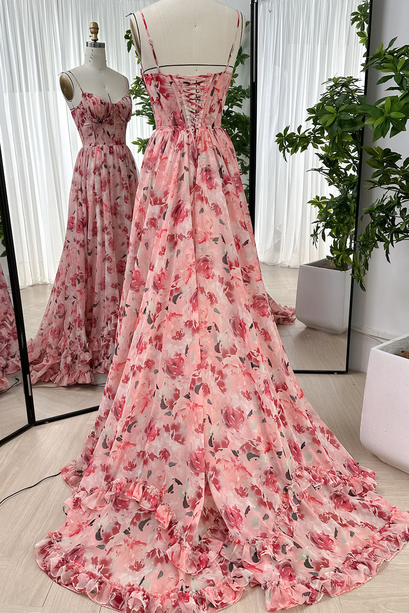 Spaghetti Strap Corset Flowing Ruffle Back Maxi Dress Azalea