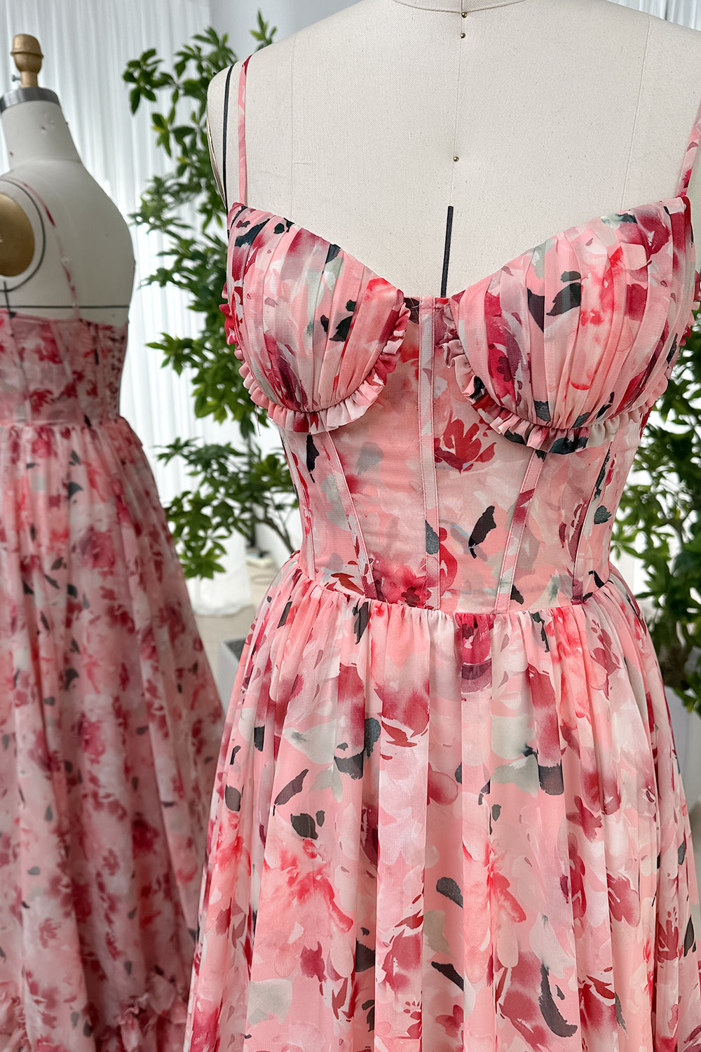 MissJophiel Spaghetti Straps Corset Floral Chiffon Dress Floral Print / Floor Length / US10