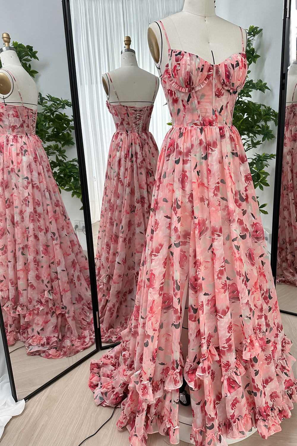 MissJophiel Spaghetti Straps Corset Floral Chiffon Dress