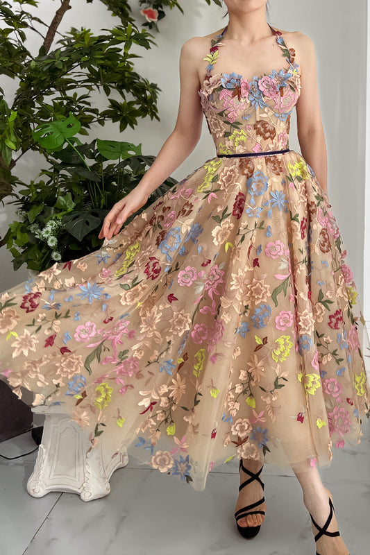 Corset Colorful Embroidery Dress with Tie Straps 2023122