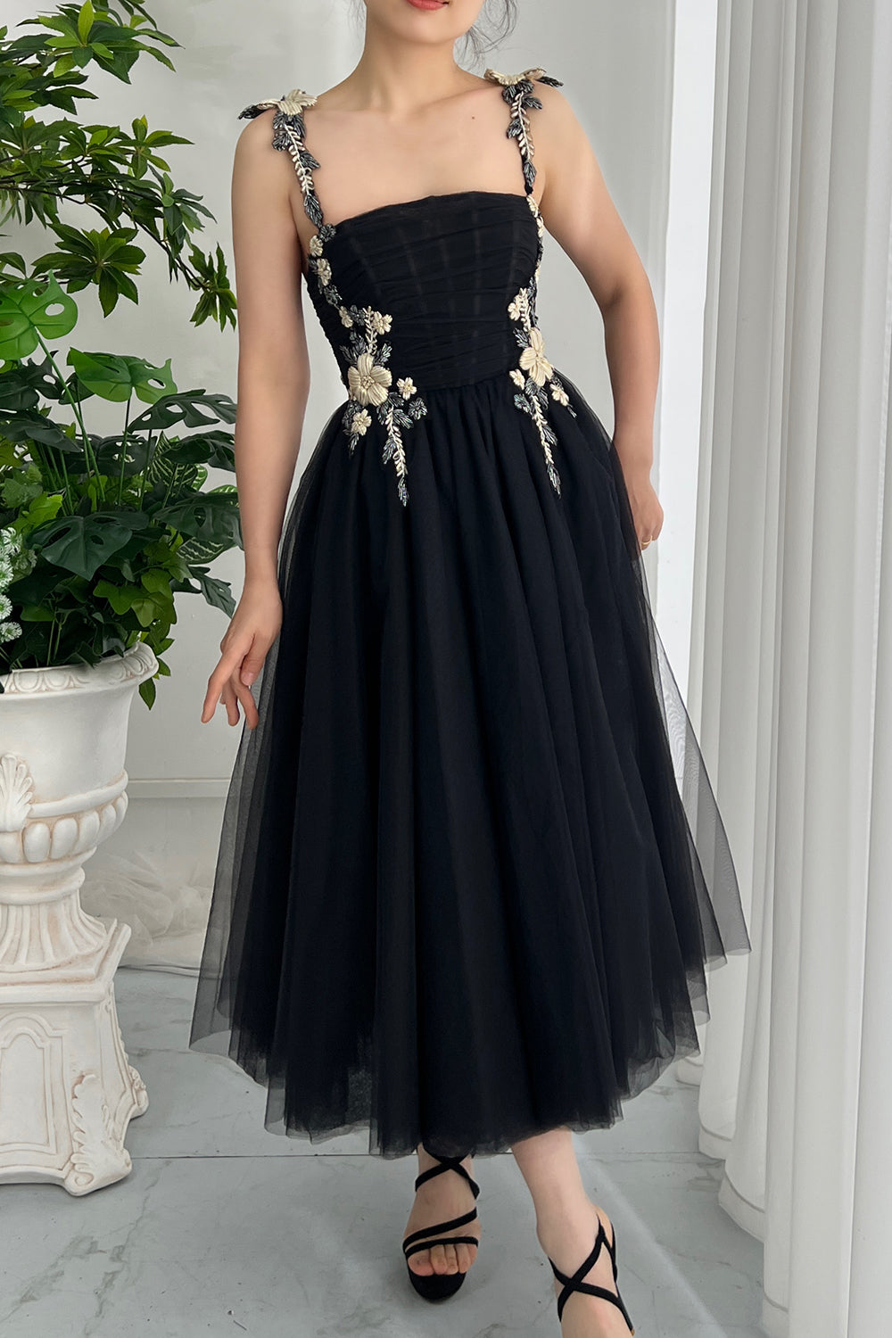 Corset Straps Black Tulle Midi Dress