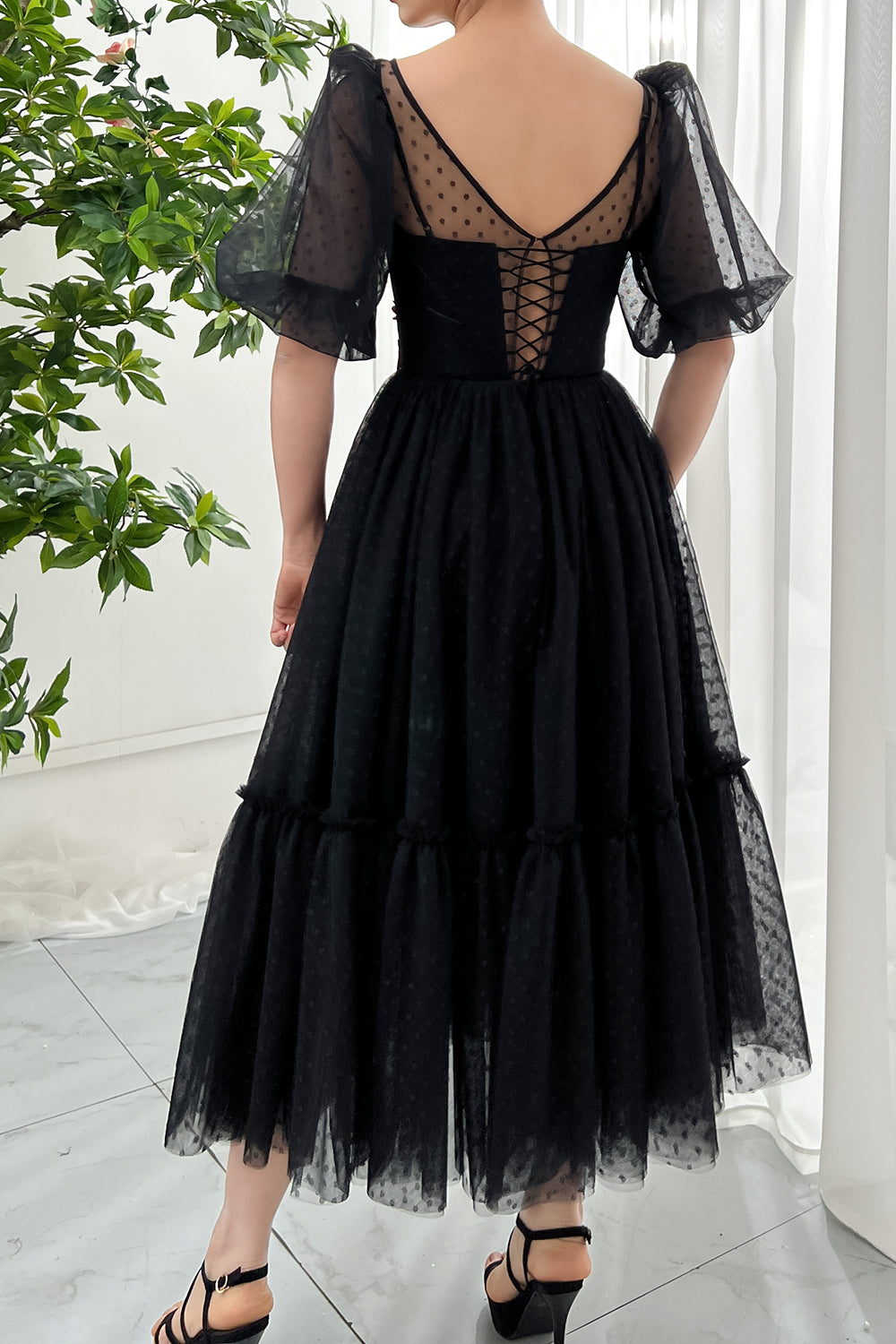 MissJophiel Puff Sleeves Illusion Black Midi Dress with Applique
