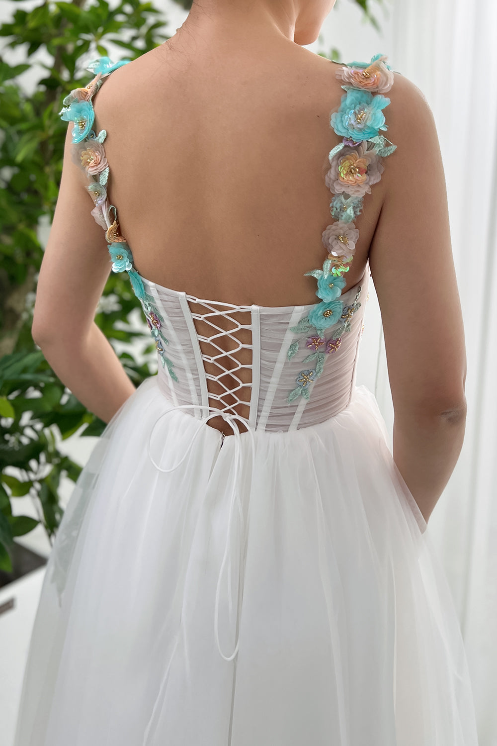 Corset Tulle Midi Dress with 3D Sequin Flower Straps 2023131