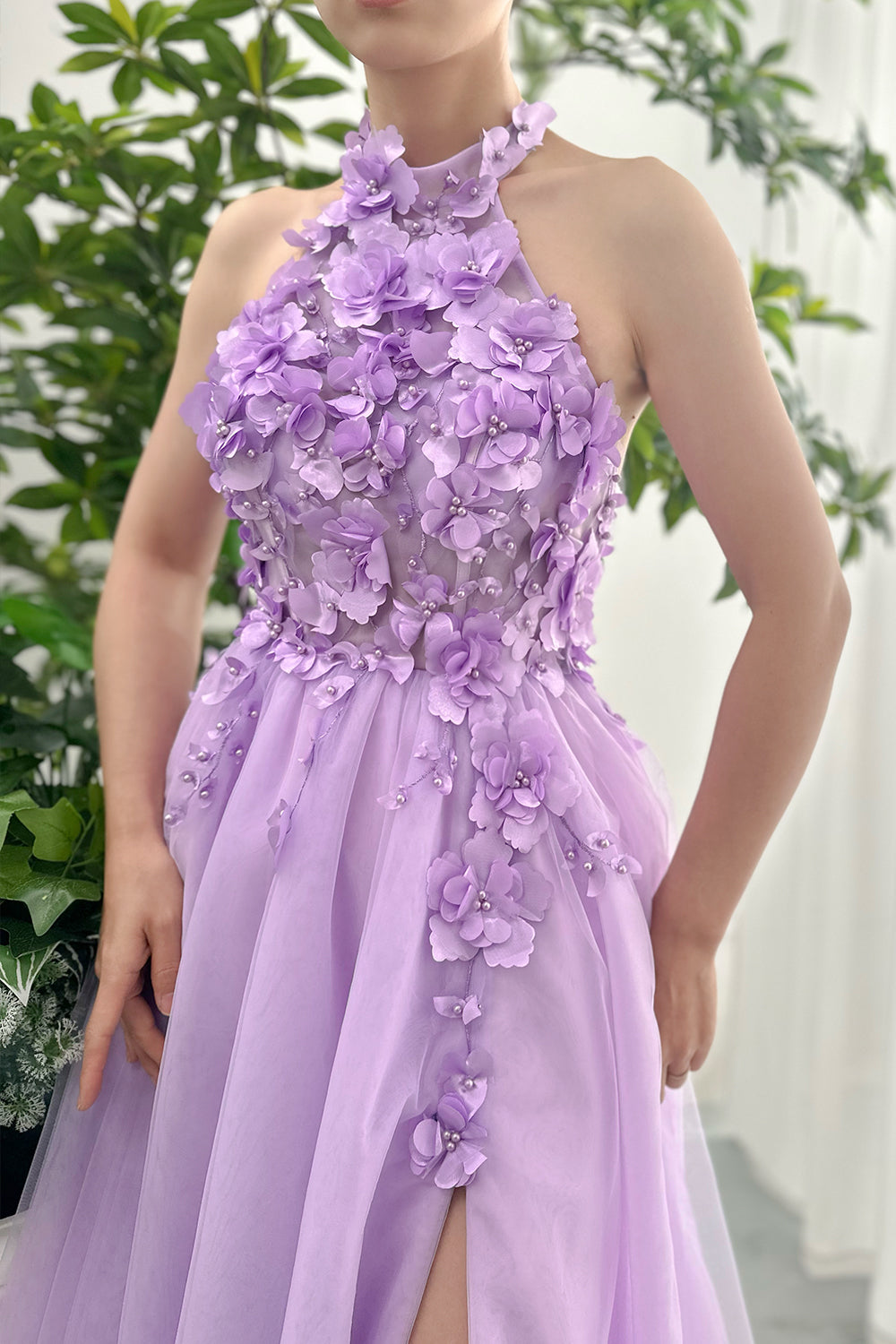 Halter 3D Floral Lavender Midi Dress with Slit