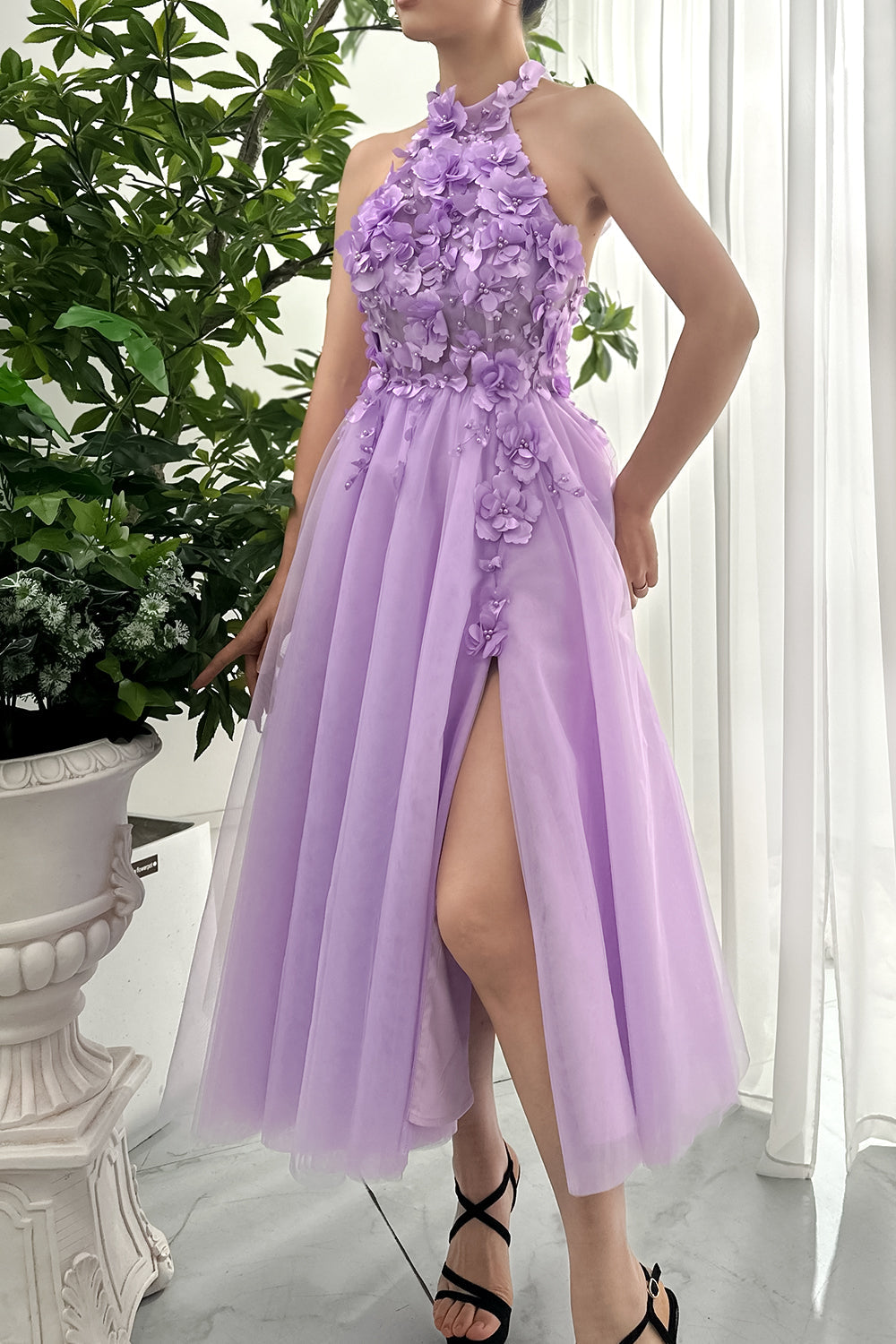lavender midi dress formal MissJophiel Lavender Embroidered Tulle Tea-Length Prom Dress Custom Color / Above Knee / US12