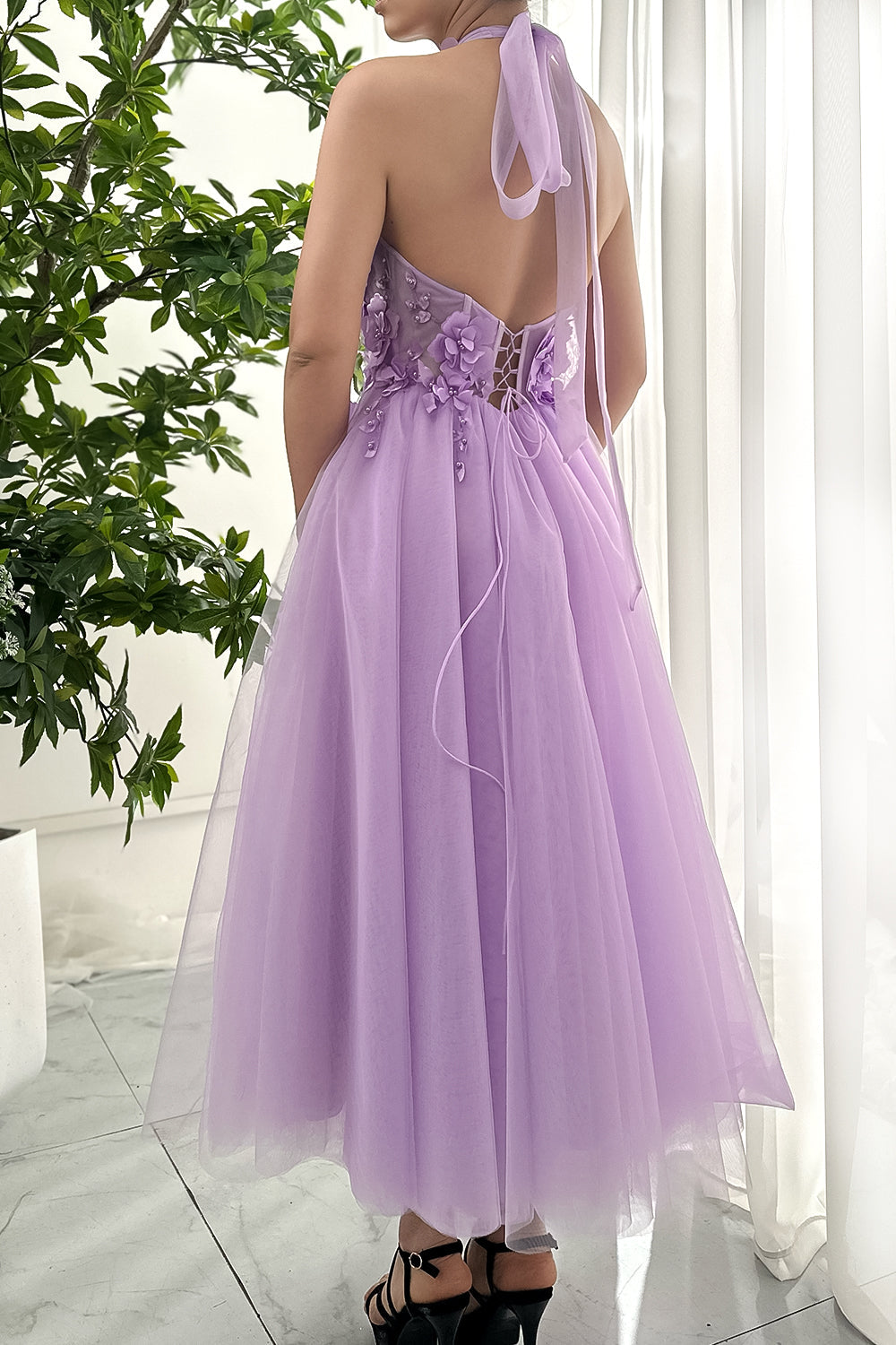 MissJophiel Halter 3D Floral Lavender Midi Dress with Slit