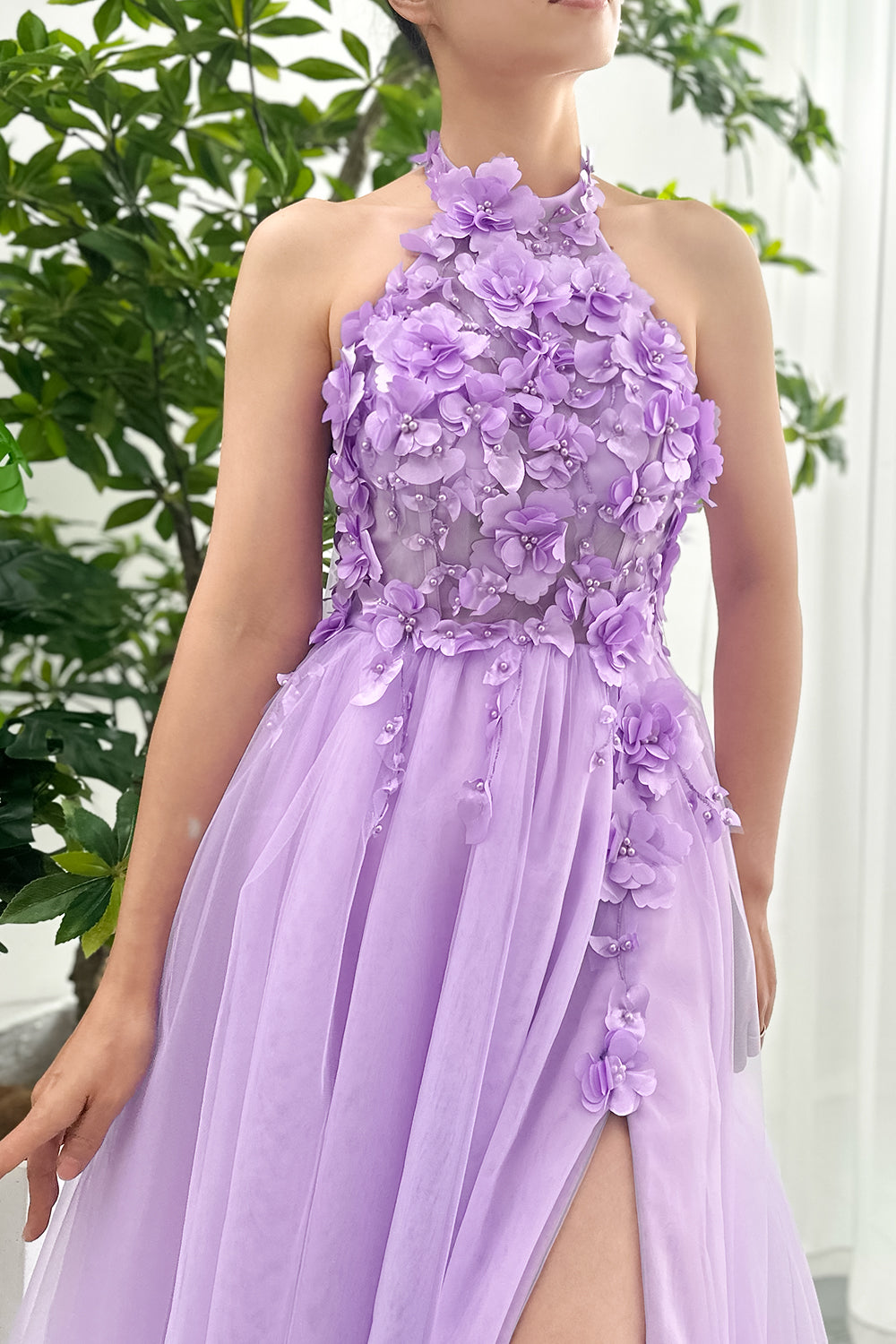 MissJophiel Halter 3D Floral Lavender Midi Dress with Slit