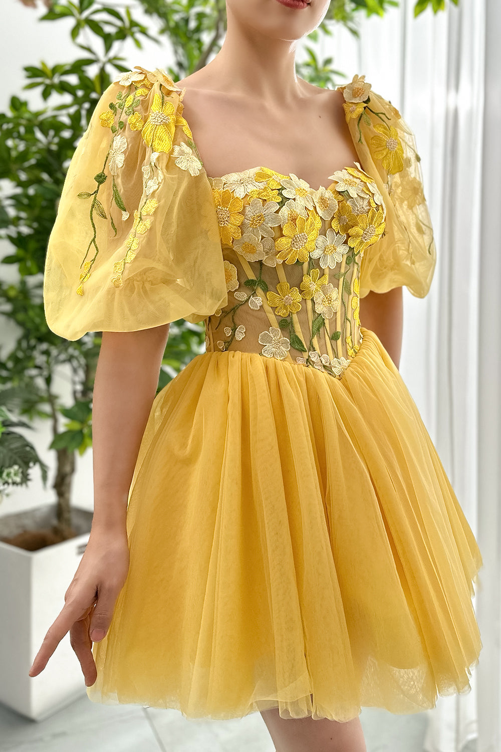 MissJophiel Corset 3D Floral Dress with Removable Puff Sleeves