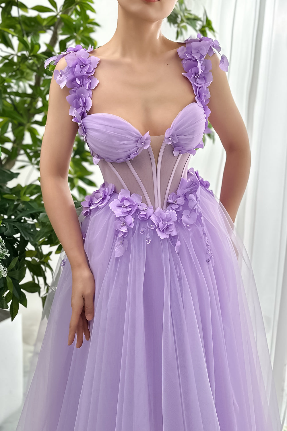 MissJophiel Corset 3D Floral Lavender Dress with Removable Off Shoulders