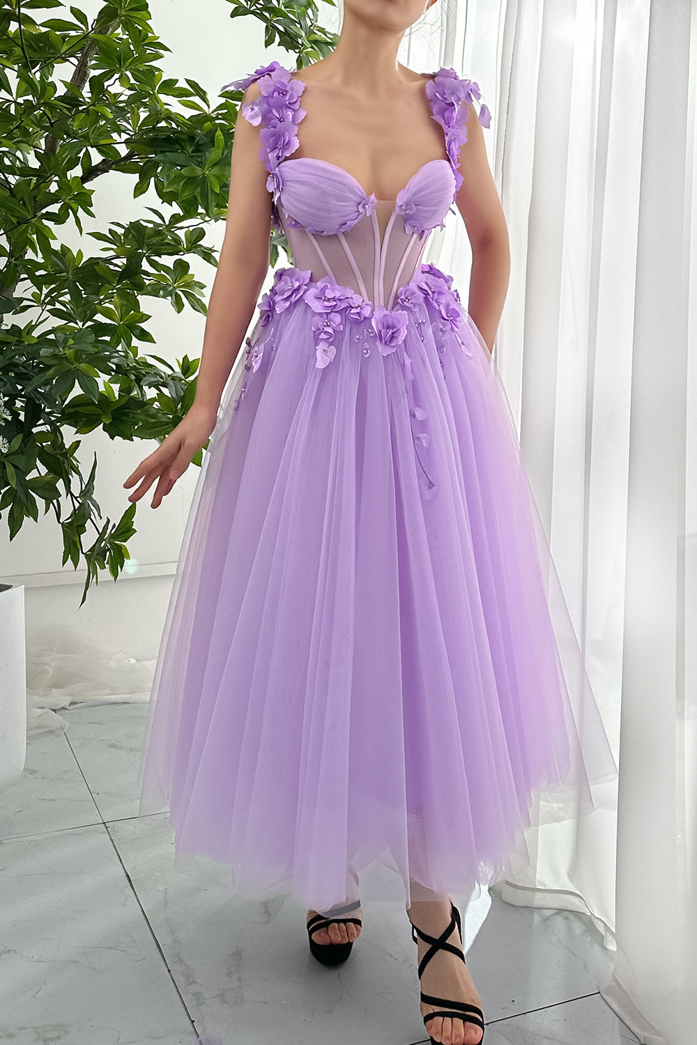 Corset 3D Floral Lavender Dress with Removable Off Shoulders