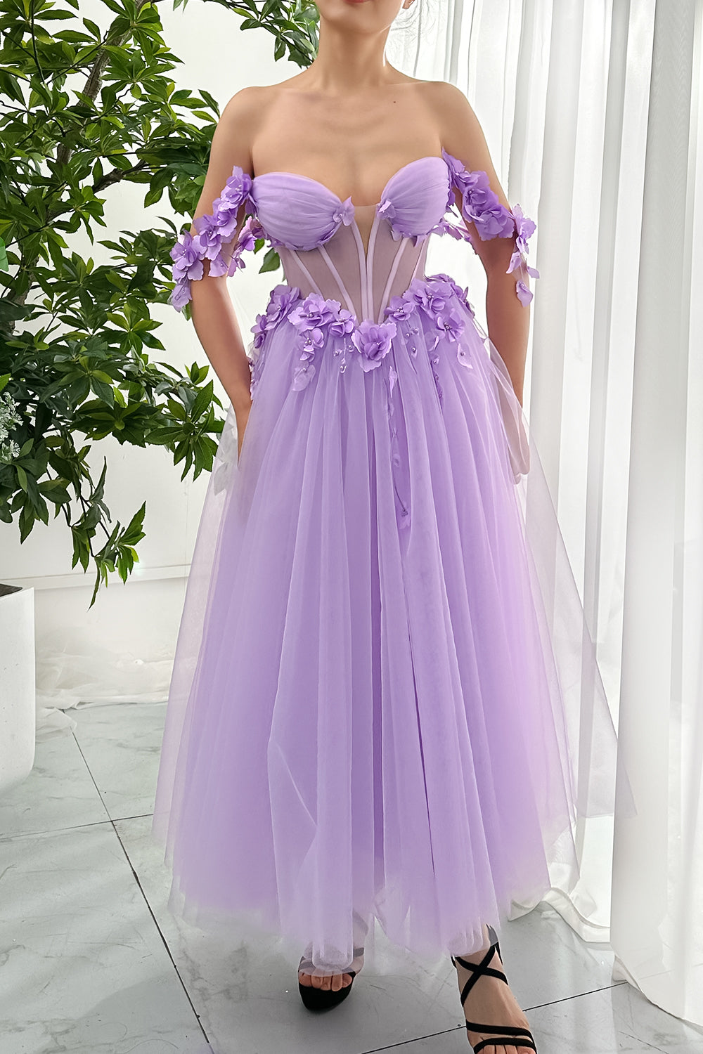 Corset 3D Floral Lavender Dress with Removable Off Shoulders