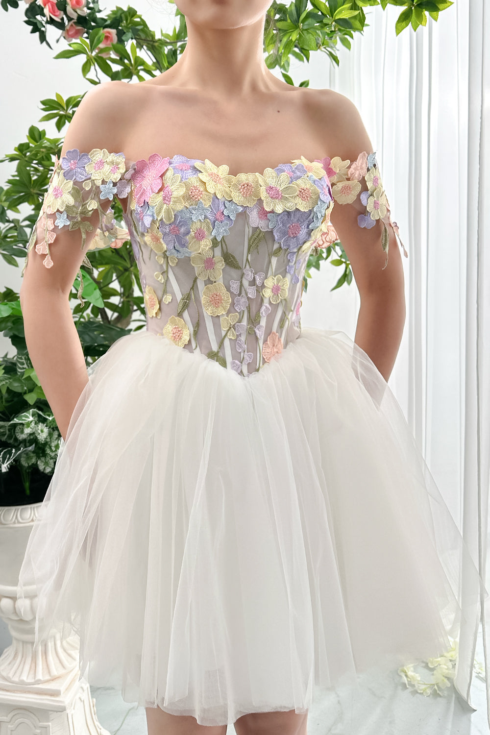Corset 3D Floral Dress with Removable Off Shoulders