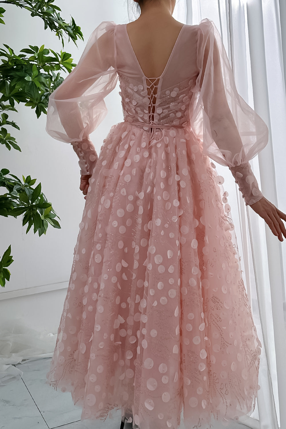 Illusion long Sleeves V Neck Blush Pink Dress