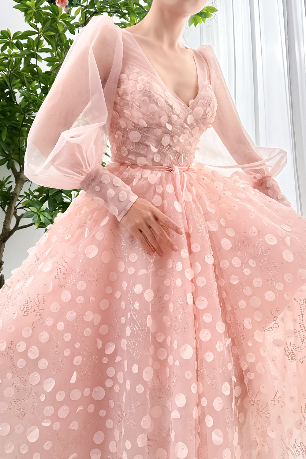 MissJophiel Illusion long Sleeves V Neck Blush Pink Dress