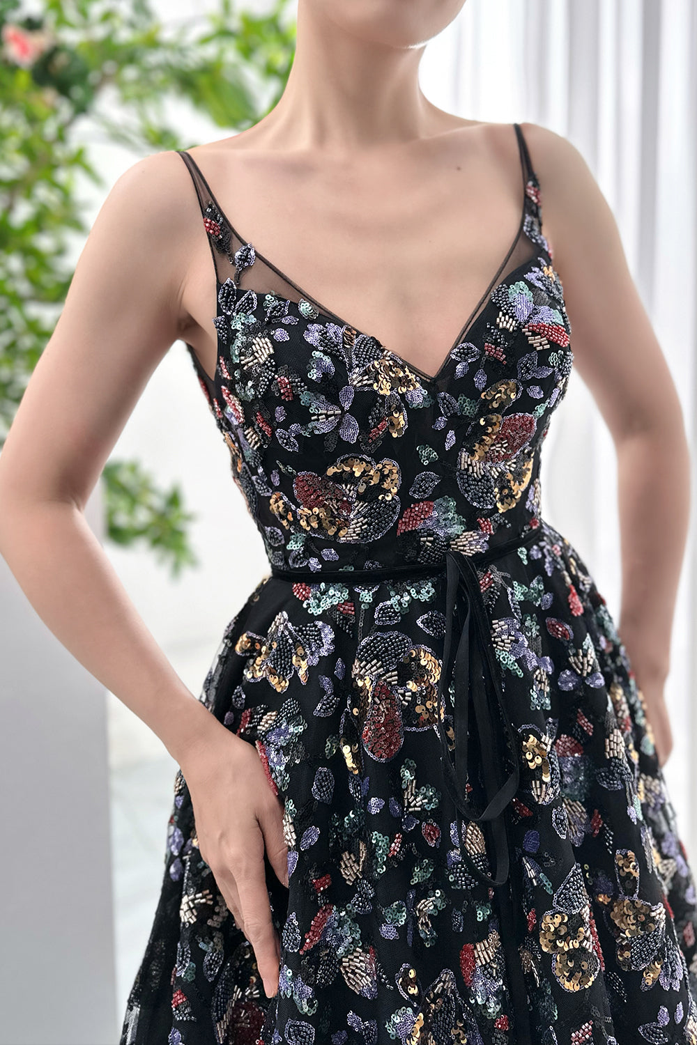 17071 Black Back Straps Sequined Tiered Dress