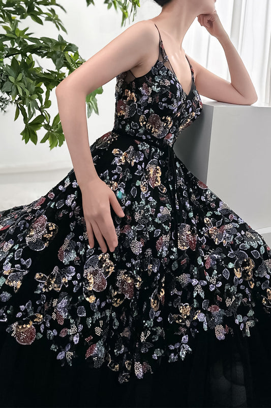 MissJophiel Straps V Neck Beaded Sequin Floral Black Dress