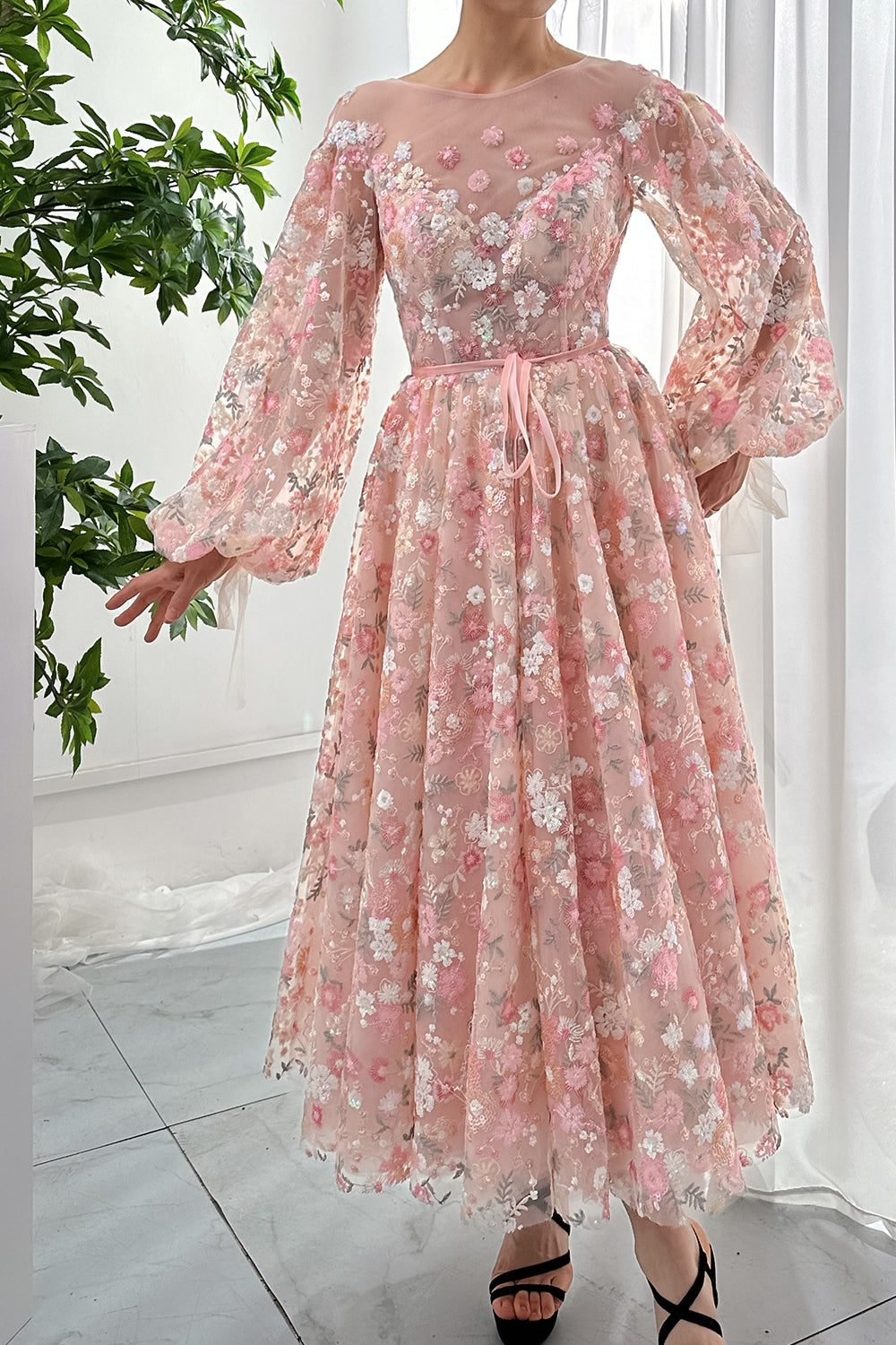long Sleeves Illusion Boat Neck Sequin Floral Dress