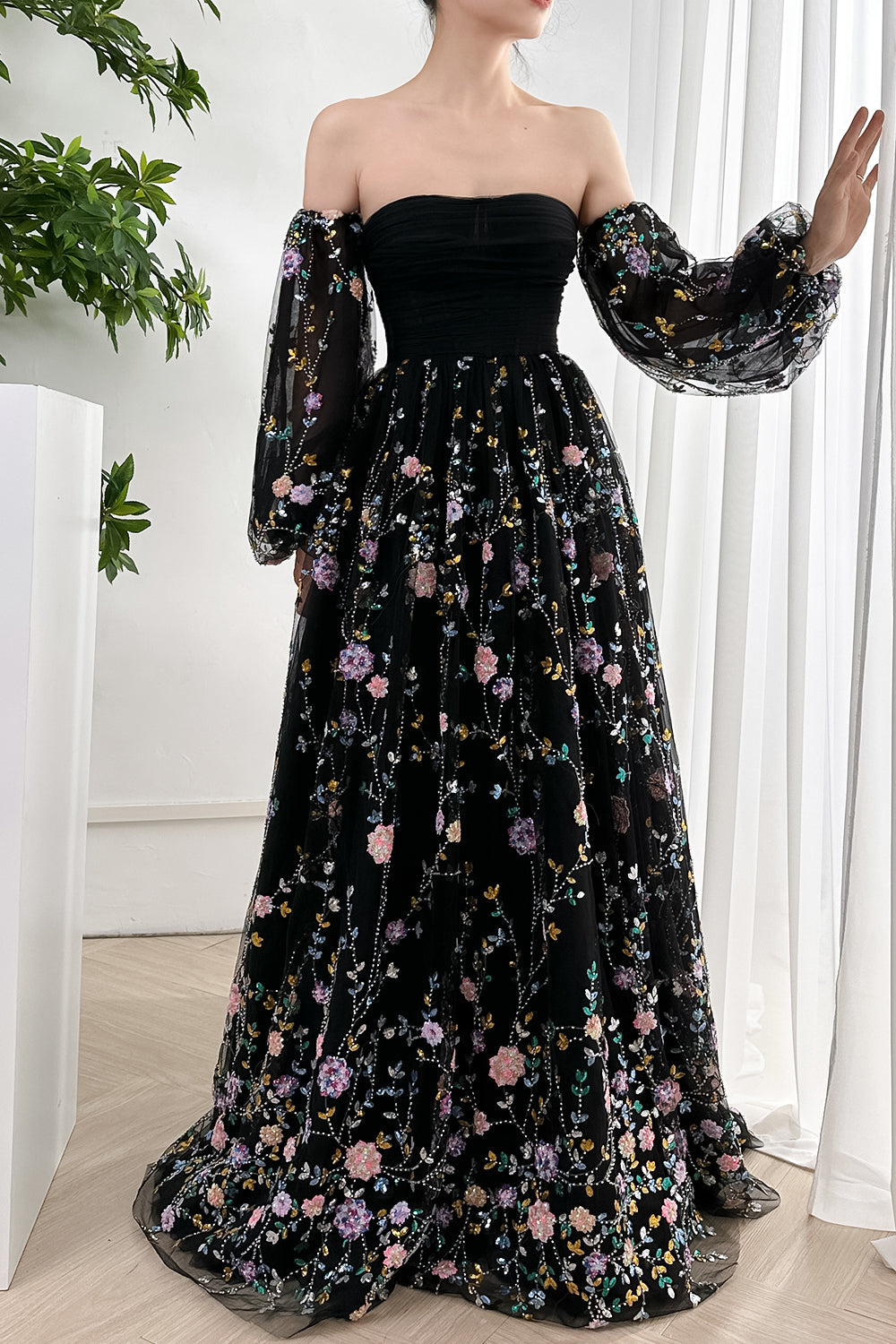 Corset Sequin Embroidery Dress with Removable Sleeves