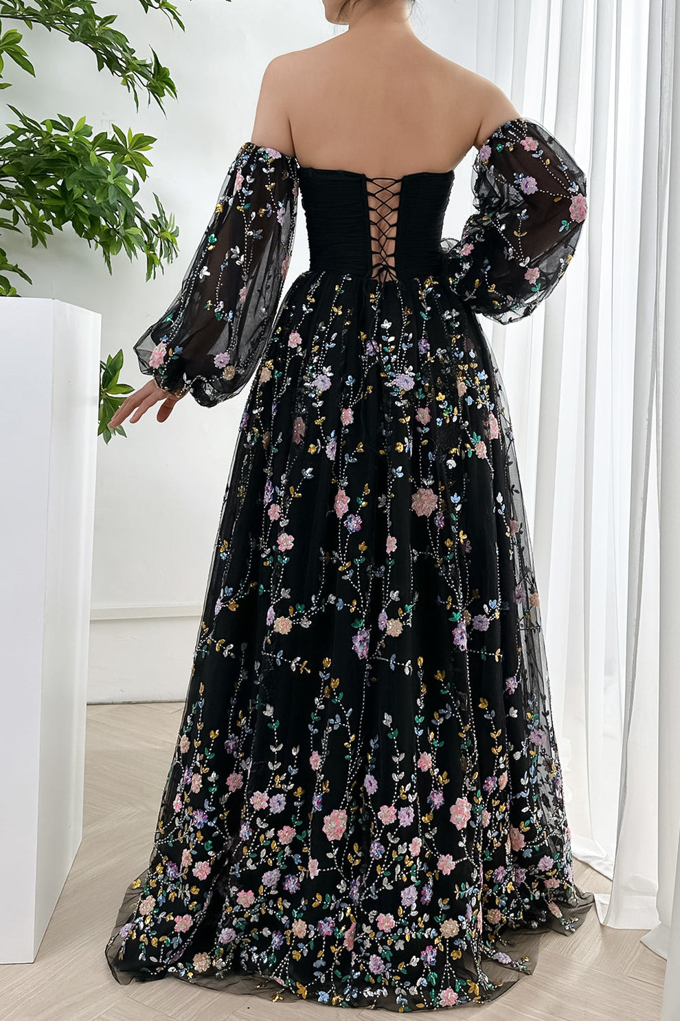 Long Sleeves Corset Sequin Sequin Embroidery Dress