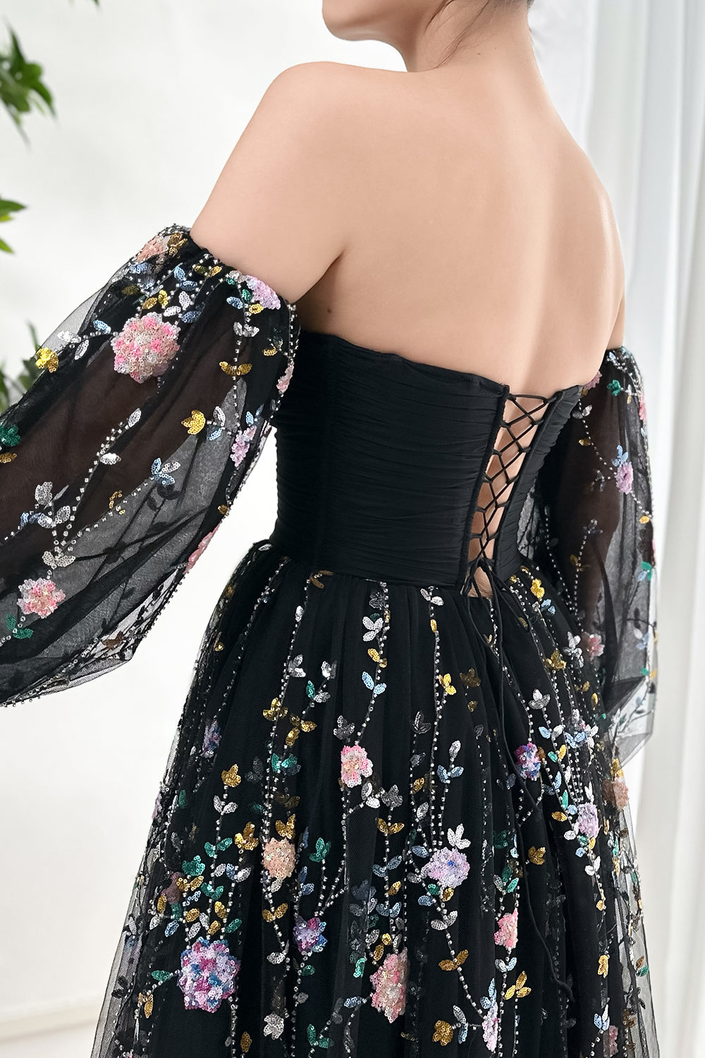 Corset Sequin Embroidery Dress with Removable Sleeves