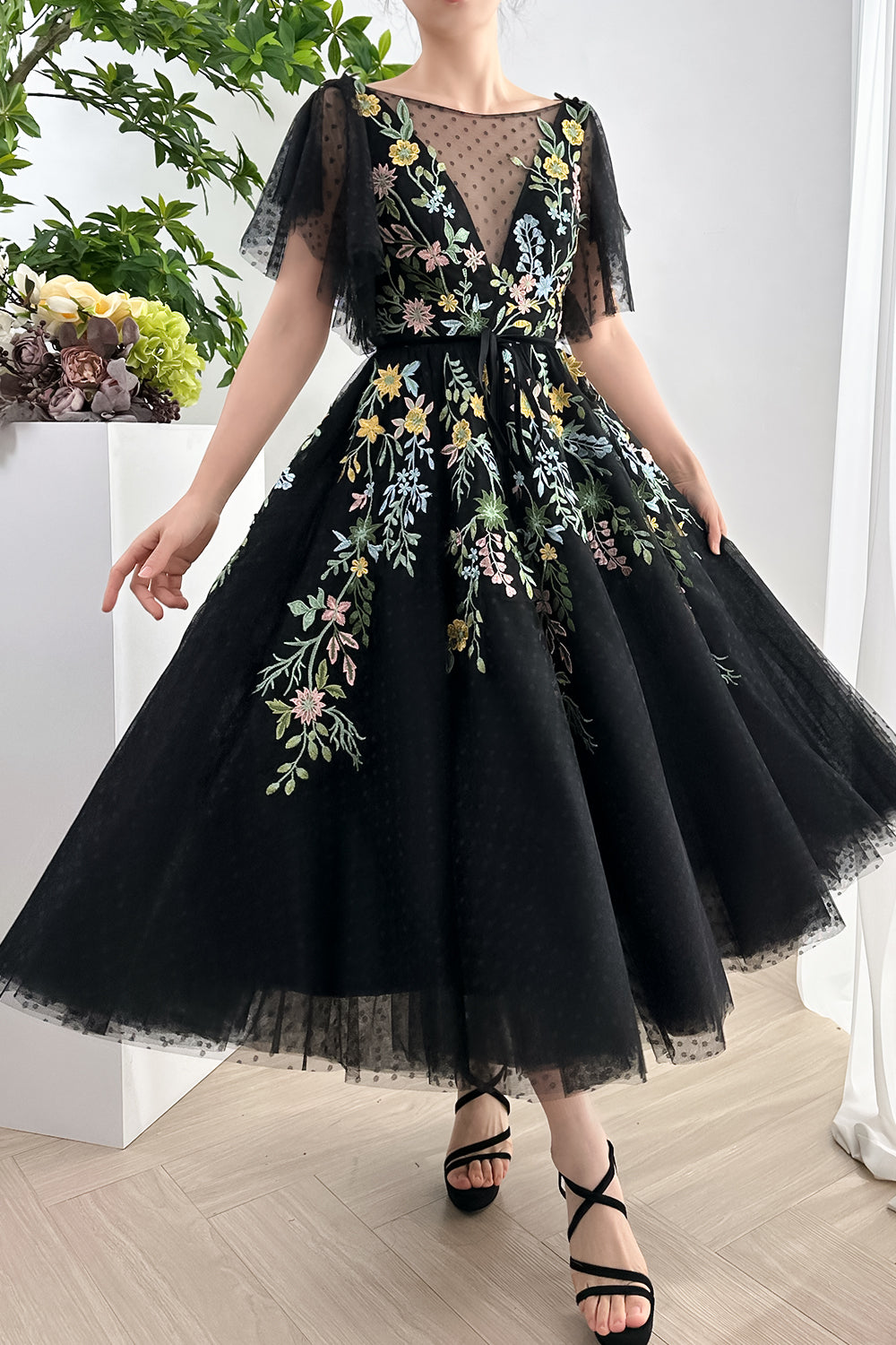 MissJophiel V Neck Floral Embroidery Midi Black Dress with Sleeves
