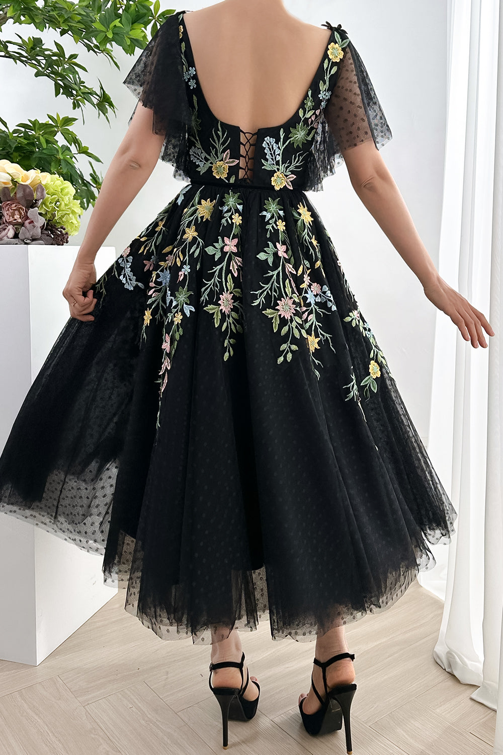 knee length dresses for ladies MissJophiel V Neck Floral Embroidery Midi Black Dress with Sleeves Ivory / Above Knee / US6 knee length dresses for ladies MissJophiel V Neck Floral Embroidery Midi Black Dress with Sleeves Ivory / Above Knee / US6