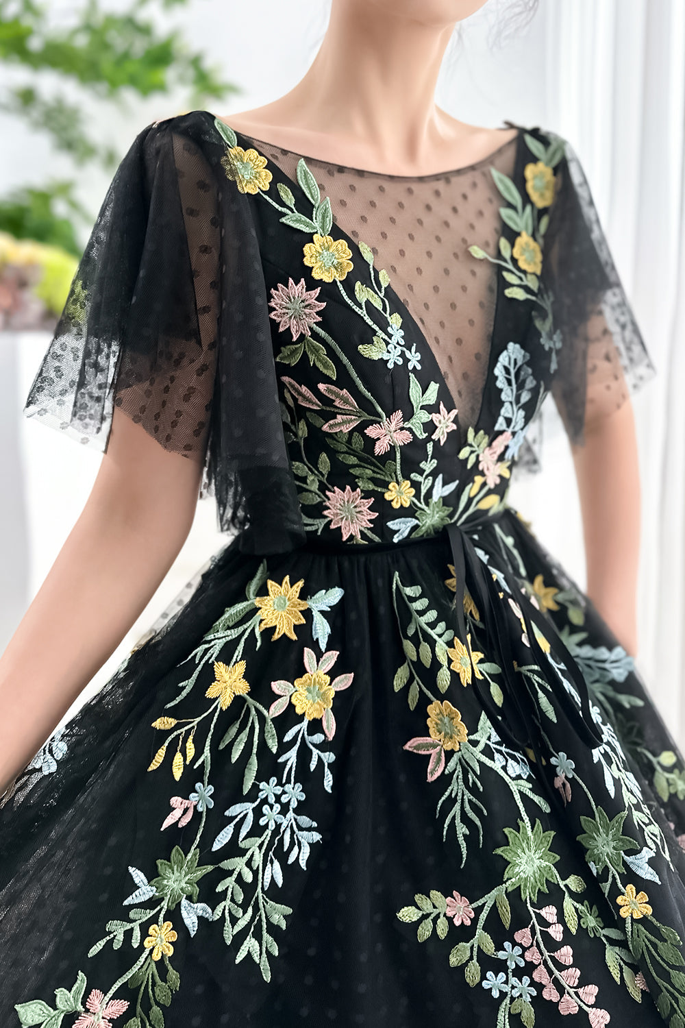 MissJophiel V Neck Floral Embroidery Midi Black Dress with Sleeves Black / Above Knee / US4