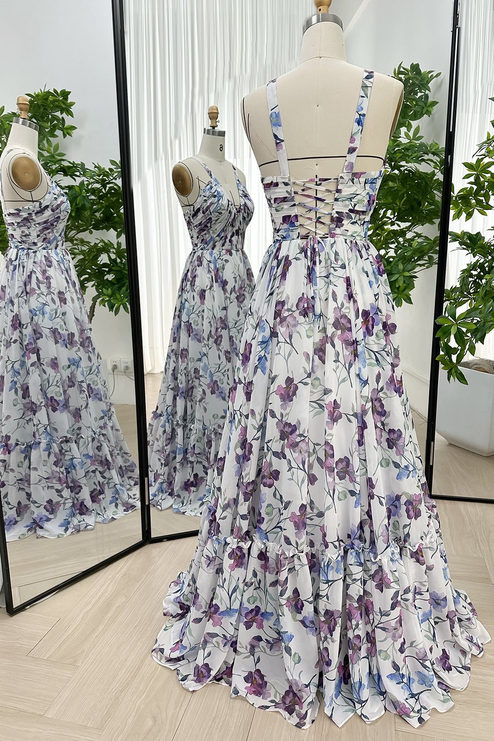 MissJophiel Hatler Straps Corset Floral Chiffon Dress with Lace Up Back