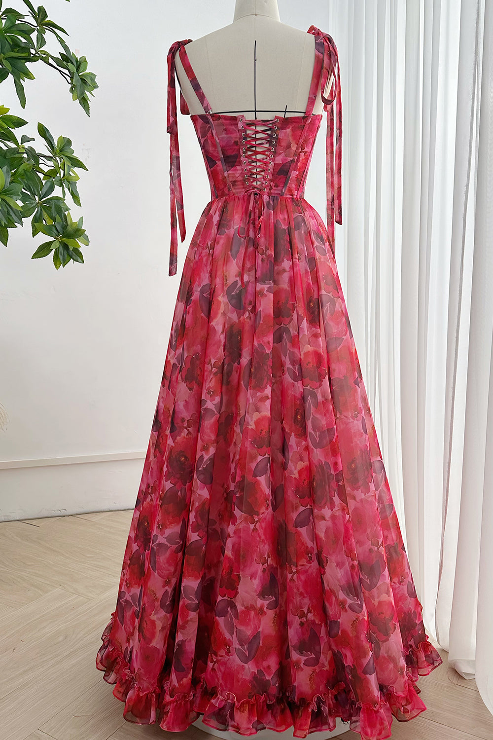 MissJophiel Strapless Corset Floral Print Chiffon Dress with Tie Straps