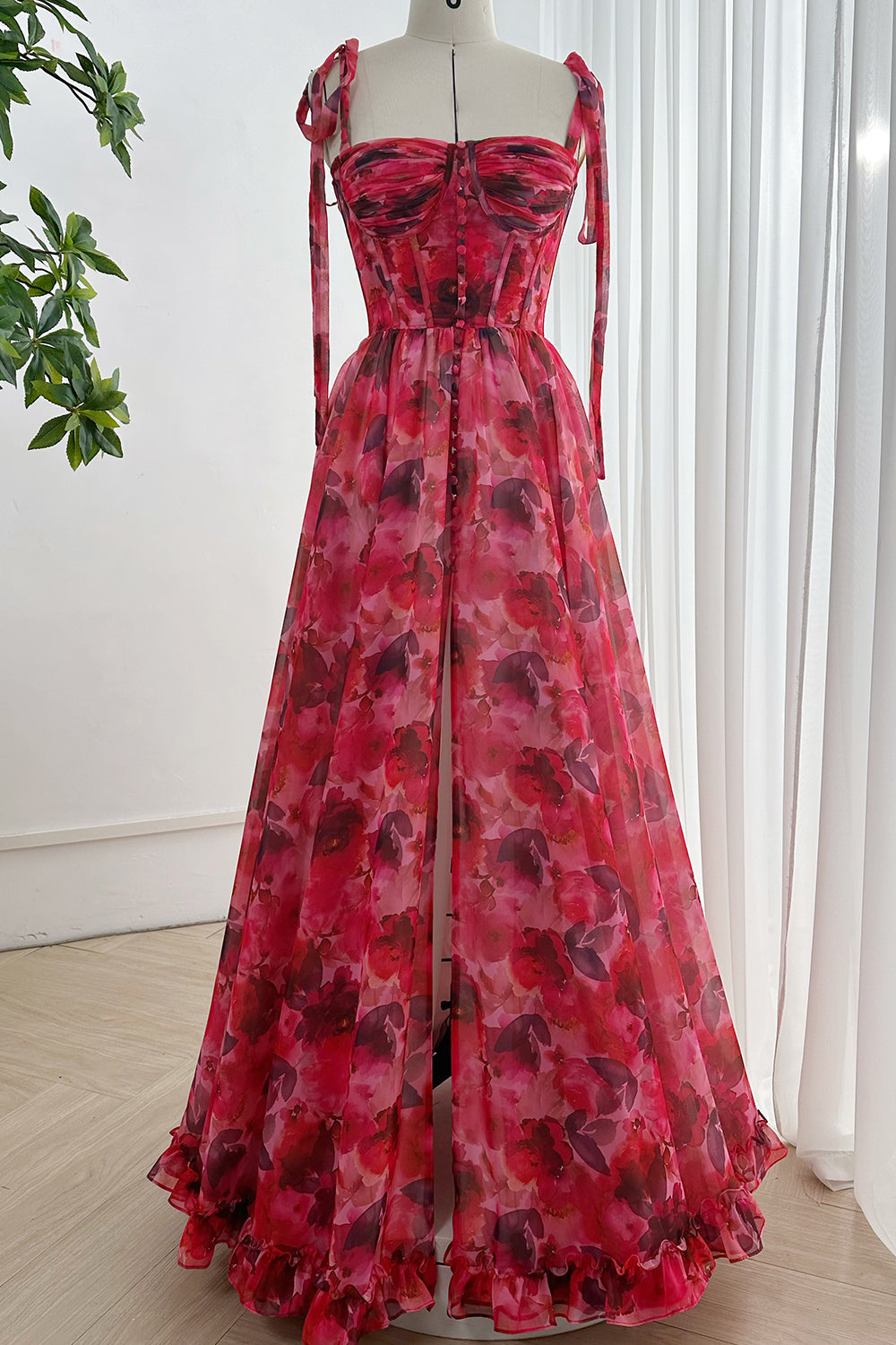 MissJophiel Strapless Corset Floral Print Chiffon Dress with Tie Straps