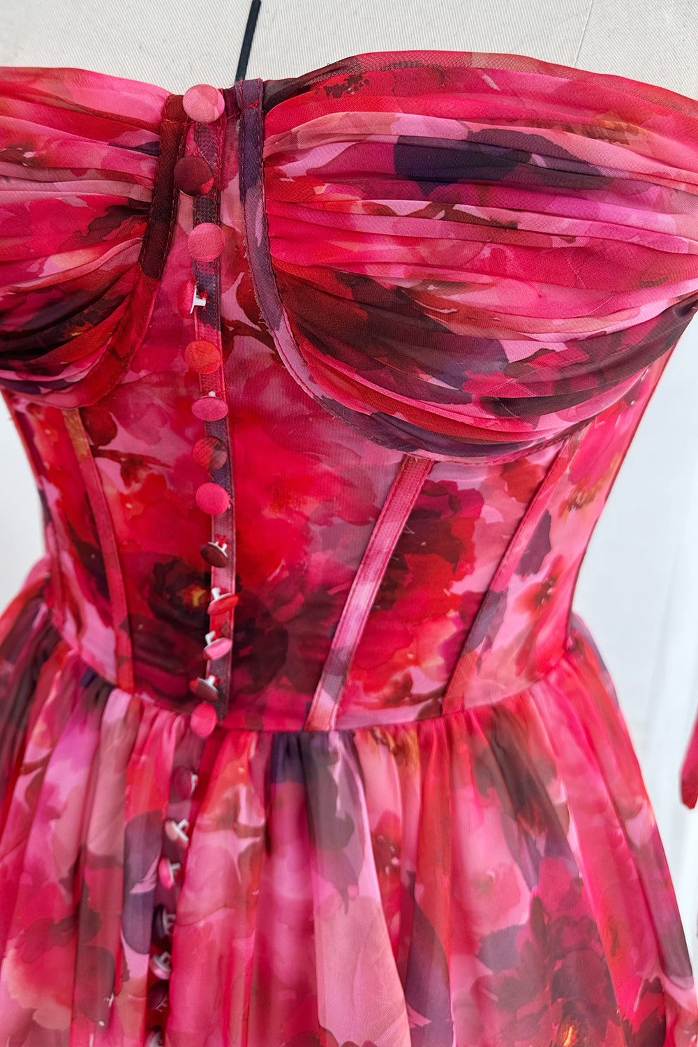 MissJophiel Strapless Corset Floral Print Chiffon Dress with Tie Straps
